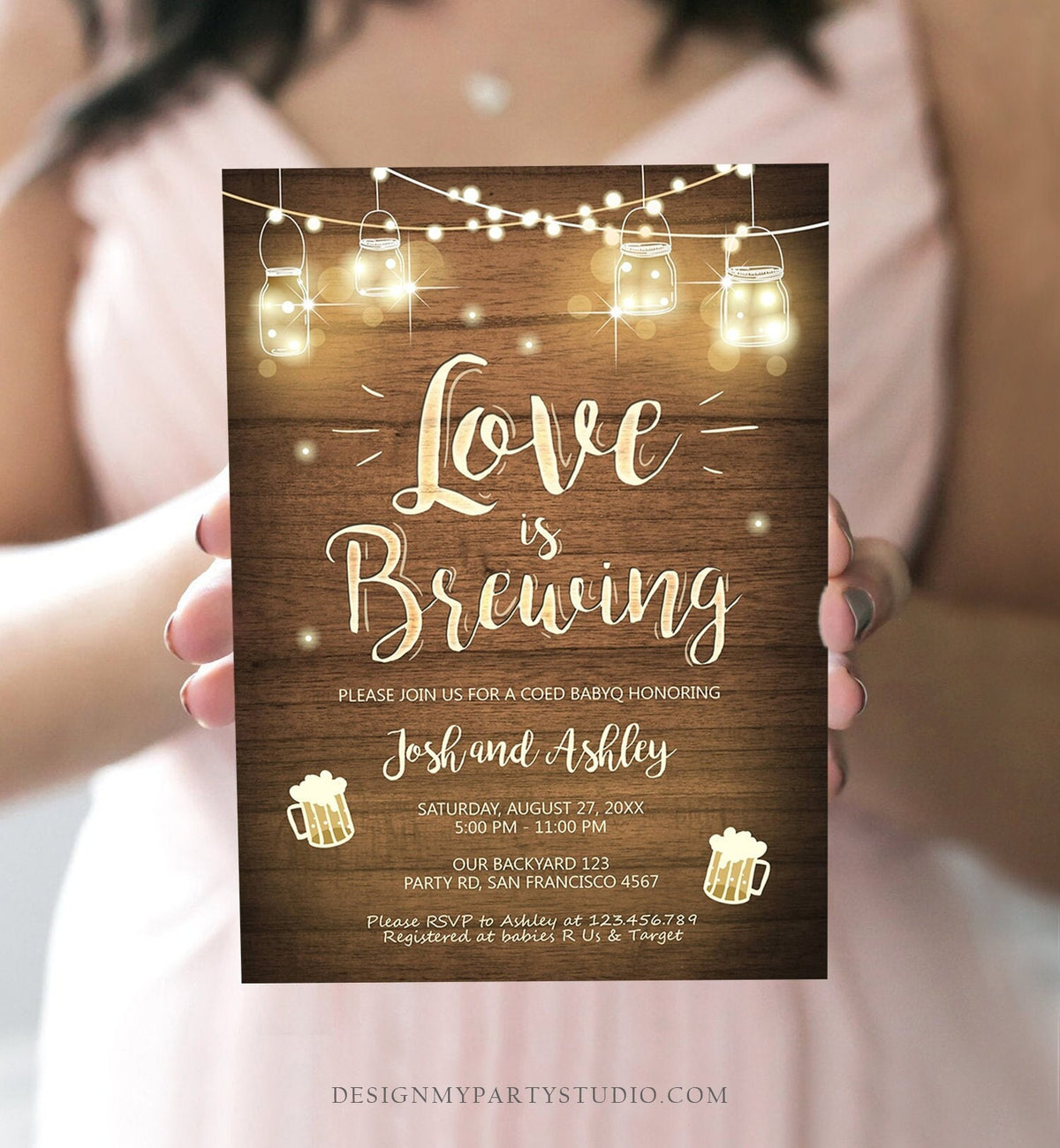 Editable Love is Brewing Invitation Bridal Shower Beer BBQ Rehearsal Dinner Wedding Couples Shower Rustic Template Corjl Printable 0015