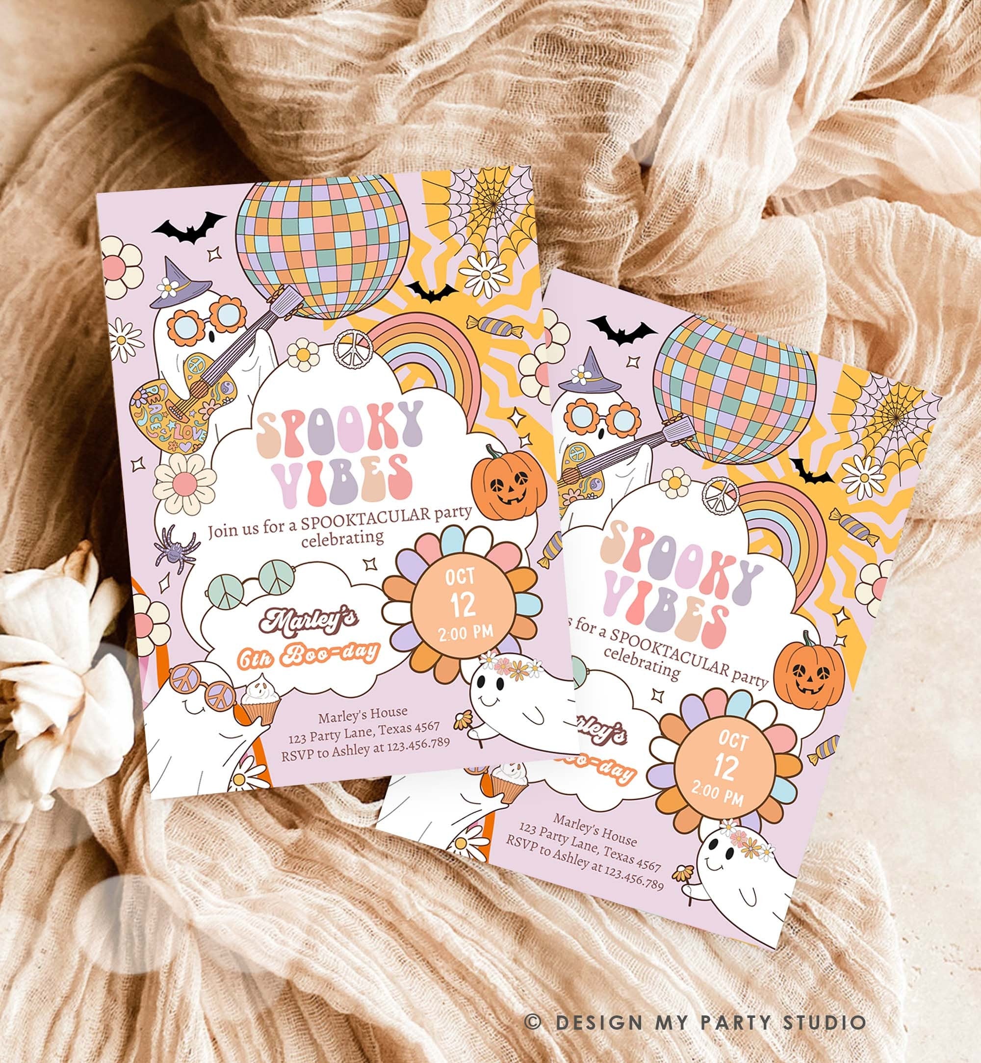 Editable Groovy Halloween Birthday Invitation Pink spooky Vibes Ghost Party Girl Spooktacular Spooky Download Printable Template Corjl 0471