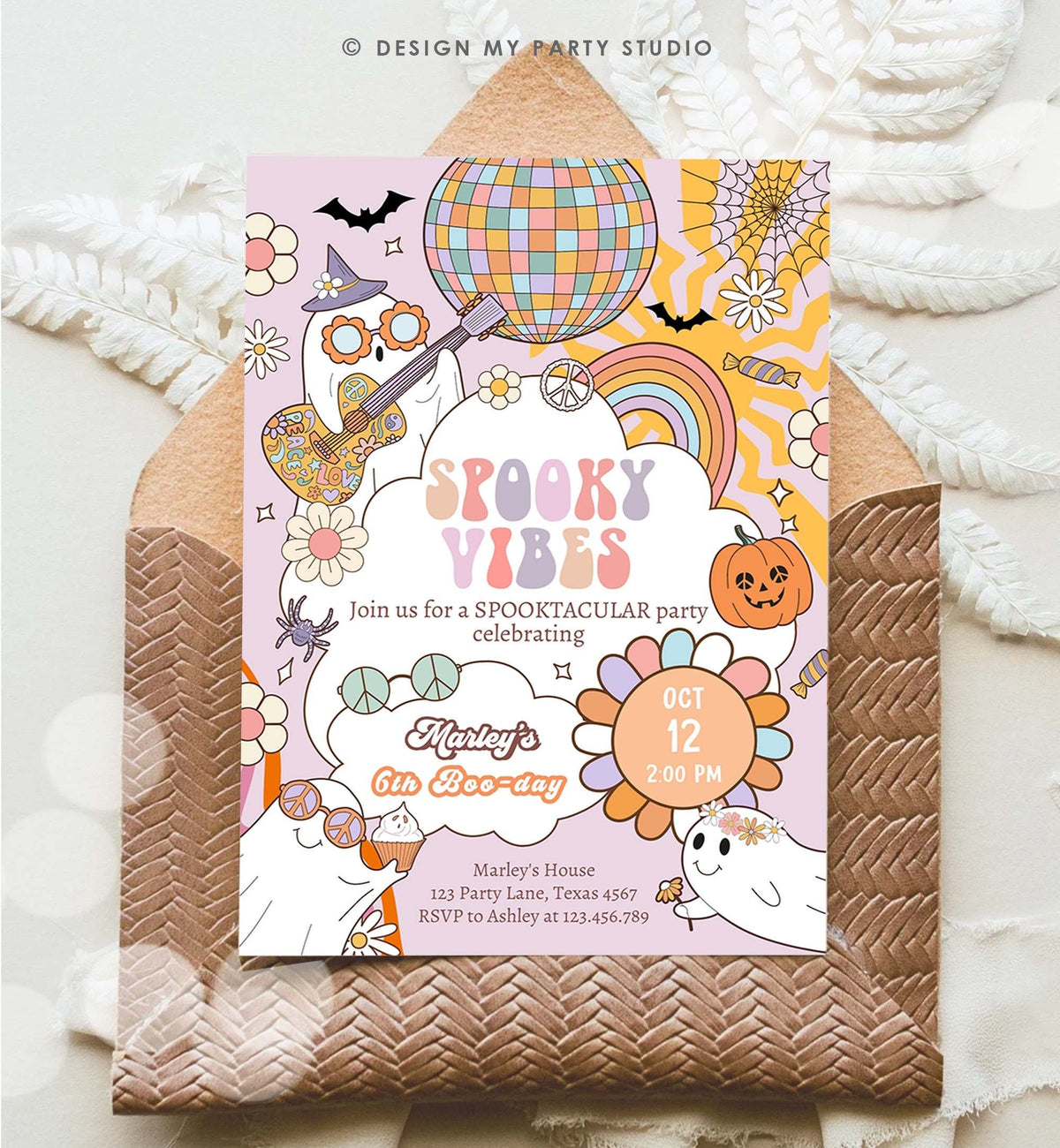 Editable Groovy Halloween Birthday Invitation Pink spooky Vibes Ghost Party Girl Spooktacular Spooky Download Printable Template Corjl 0471