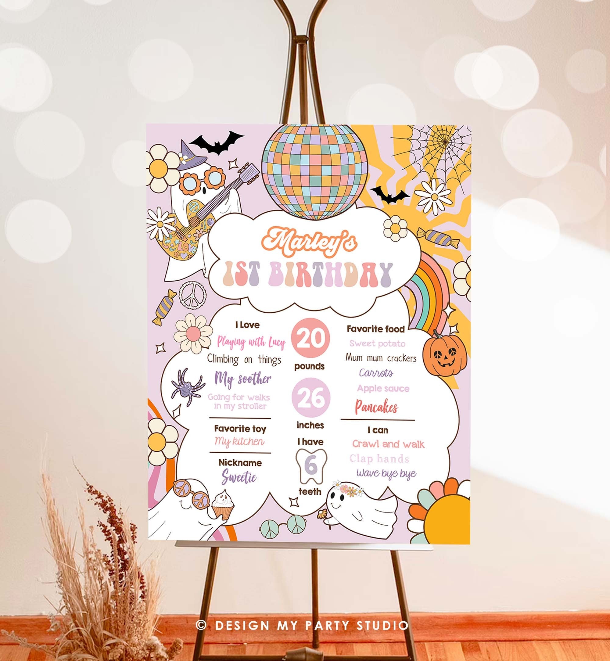 Editable Groovy Retro Halloween Birthday Milestones Sign Girl Rainbow Spooky Flower Power 70's Sun 1st Party Template Printable Corjl 0471