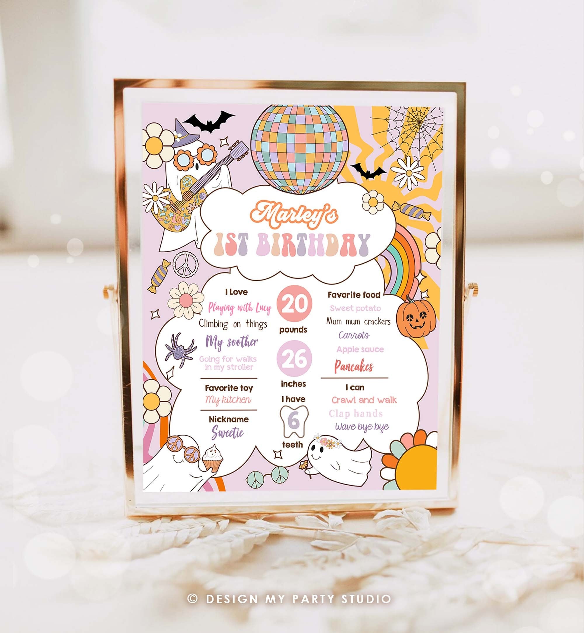 Editable Groovy Retro Halloween Birthday Milestones Sign Girl Rainbow Spooky Flower Power 70's Sun 1st Party Template Printable Corjl 0471