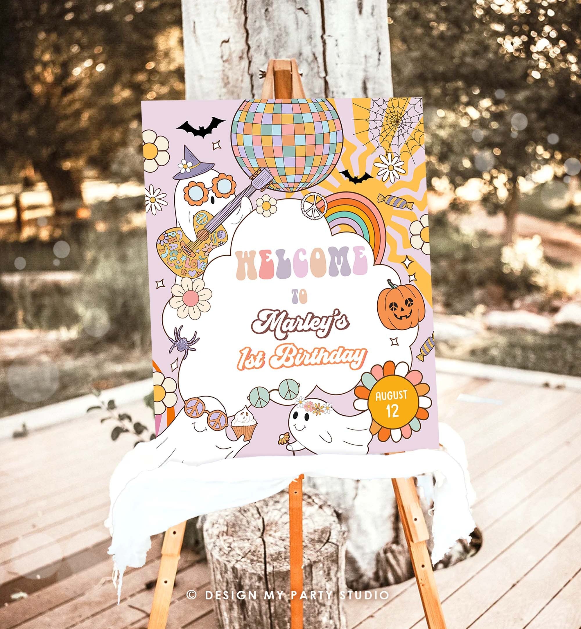 Editable Groovy Halloween Birthday Welcome Sign Floral Boho Spooky Party Retro 70's Hippie Festival Download Template Corjl PRINTABLE 0471