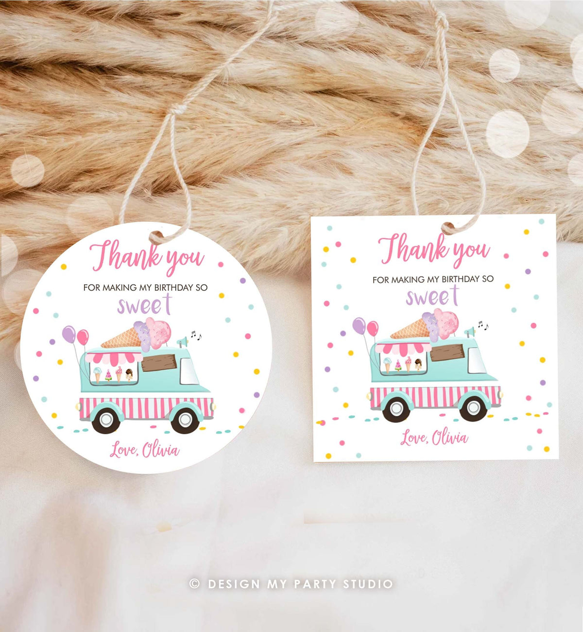 Editable Ice Cream Truck Favor Thank You Tags Ice Cream Birthday Party Modern Girl Pink Purple Gift Bag Labels Corjl Template PRINTABLE 0243