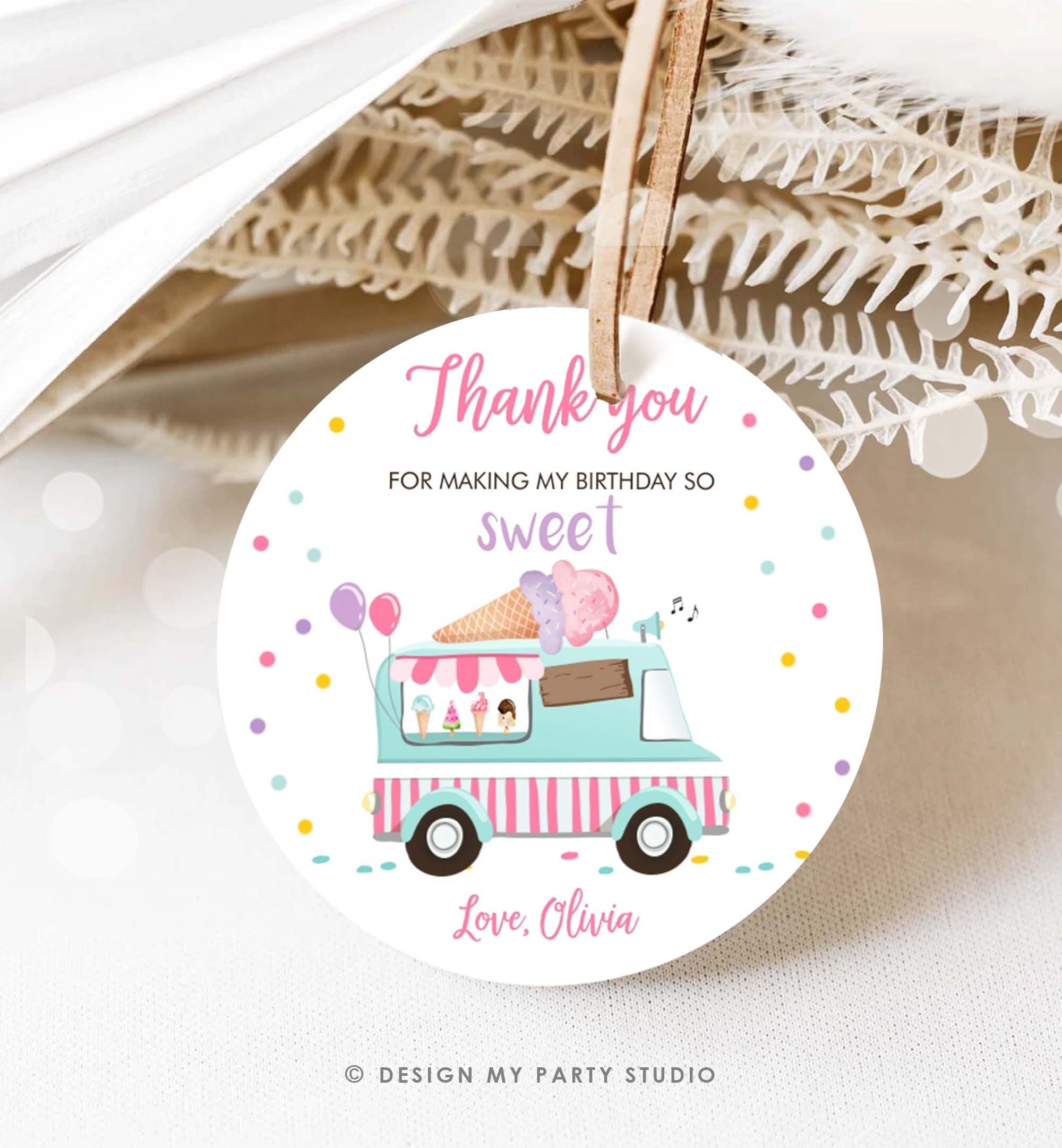 Editable Ice Cream Truck Favor Thank You Tags Ice Cream Birthday Party Modern Girl Pink Purple Gift Bag Labels Corjl Template PRINTABLE 0243