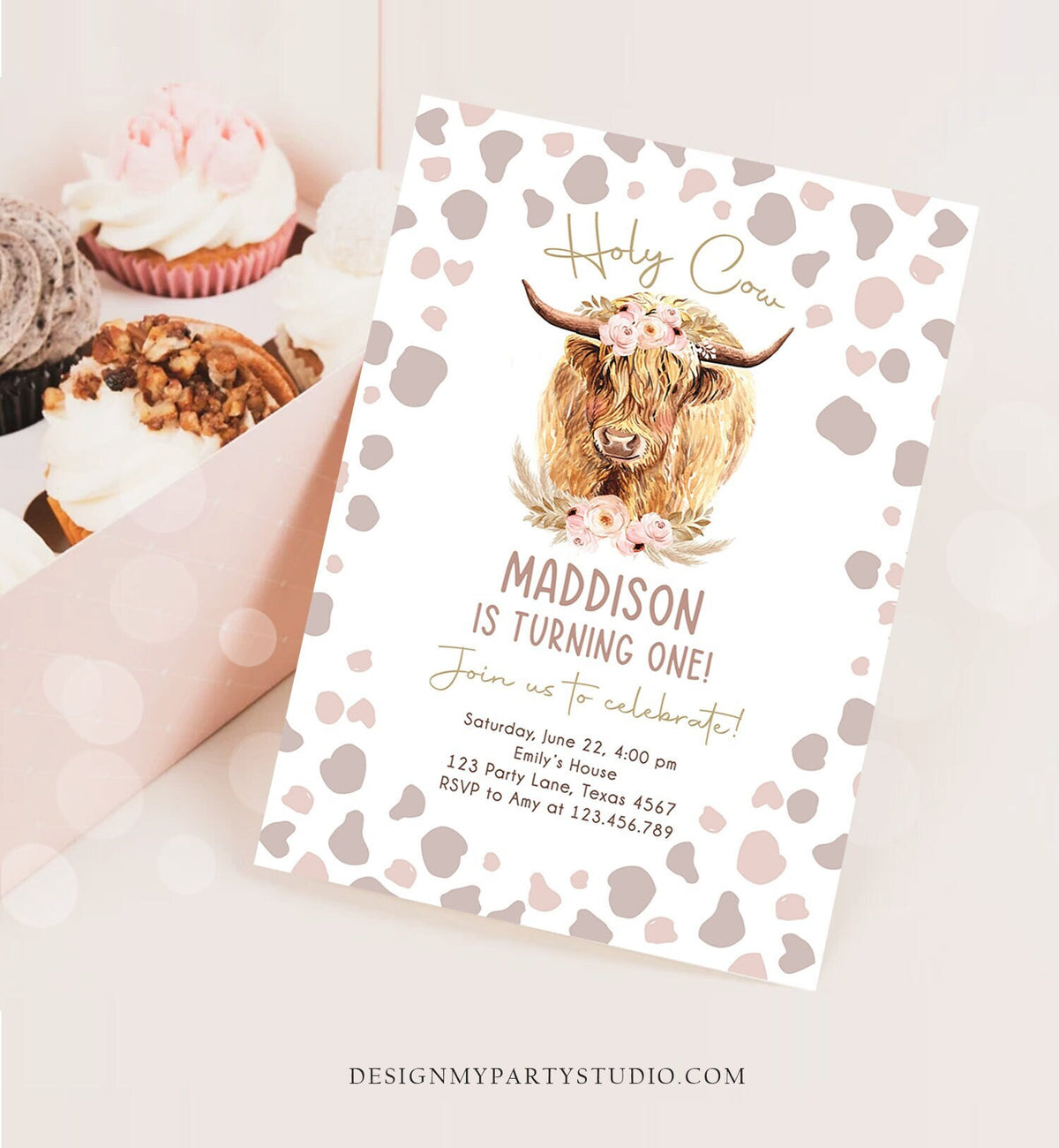 Editable Boho Cow Birthday Invitation Girl Farm Animals Pink Floral Pampas Grass Holy Cow I&#39;m One 1st Highland Printable Template Corjl 0453