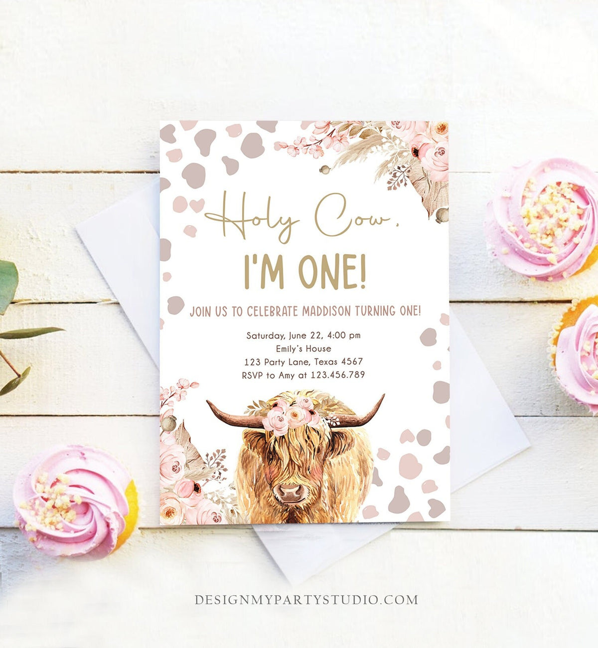 Editable Boho Cow Birthday Invitation Girl Farm Floral Pampas Grass Holy Cow I&#39;m One 1st Birthday Download Printable Template Corjl 0453