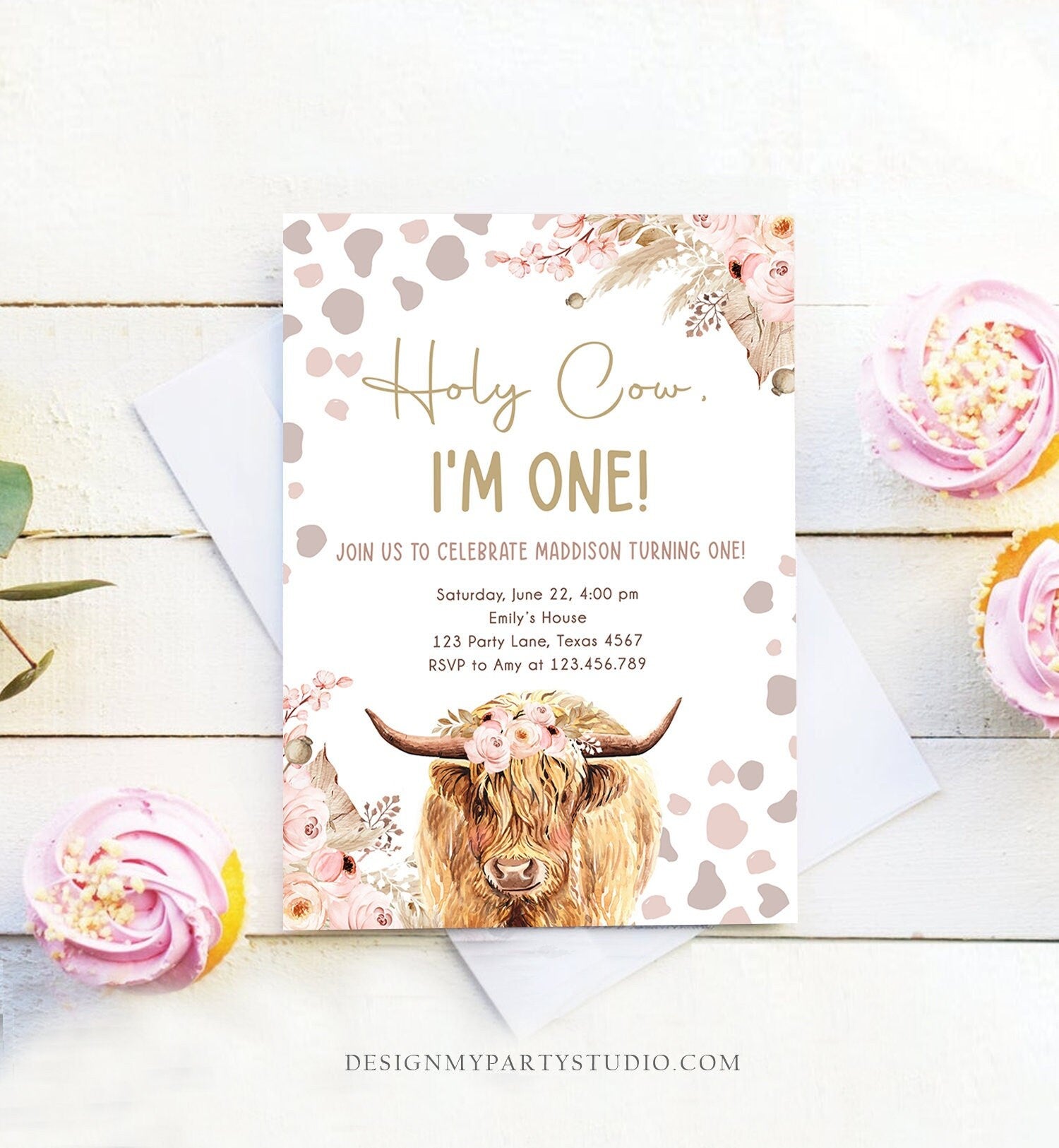 Editable Boho Cow Birthday Invitation Girl Farm Floral Pampas Grass Holy Cow I'm One 1st Birthday Download Printable Template Corjl 0453