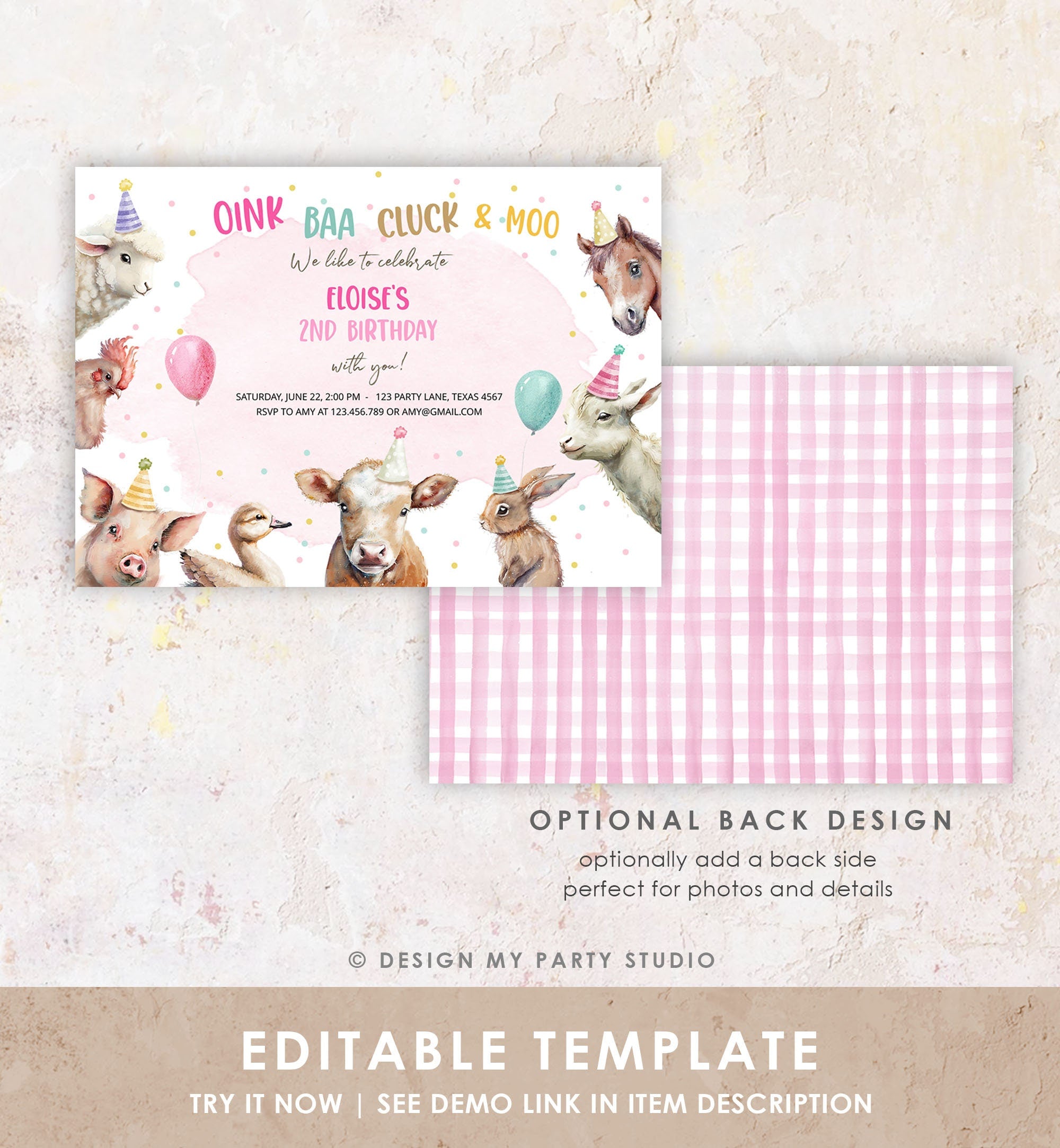 Editable Farm Birthday Invitation Girl Farm Animals Pink Barnyard Party Confetti Download Printable Invitation Template Digital Corjl 0448