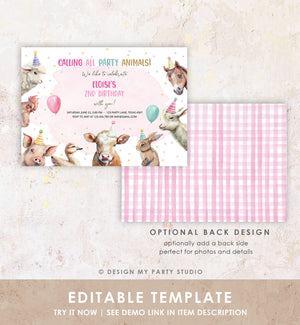 Editable Farm Animals Birthday Invitation Girl Farm Barnyard First Birthday Party Animals Confetti Download Corjl Template Printable 0448