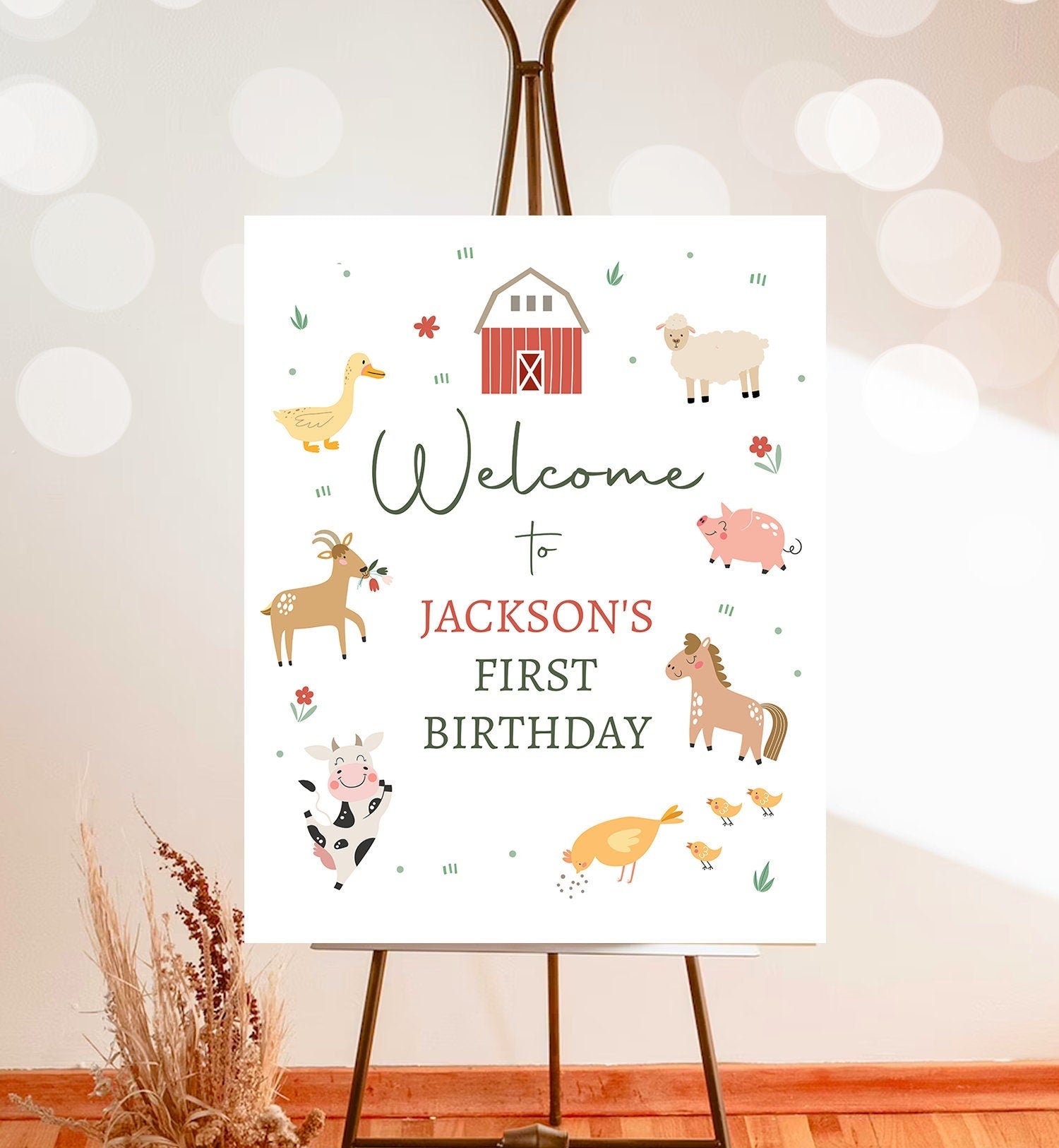 Editable Farm Birthday Welcome Sign Barnyard Birthday Welcome Sign Farm Animals Birthday Sign Boy Red Modern Template Corjl PRINTABLE 0436