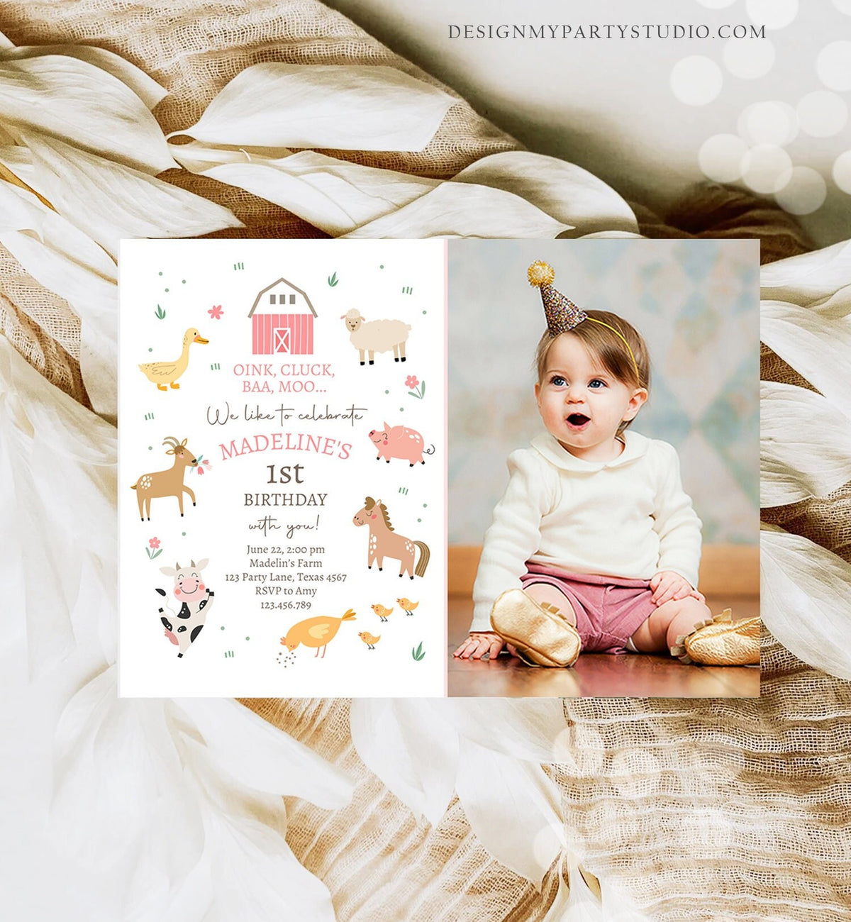 Editable Farm Birthday Invitation Girl Farm Animals Pink Barnyard Party Modern Pastel Download Printable Invite Template Digital Corjl 0436