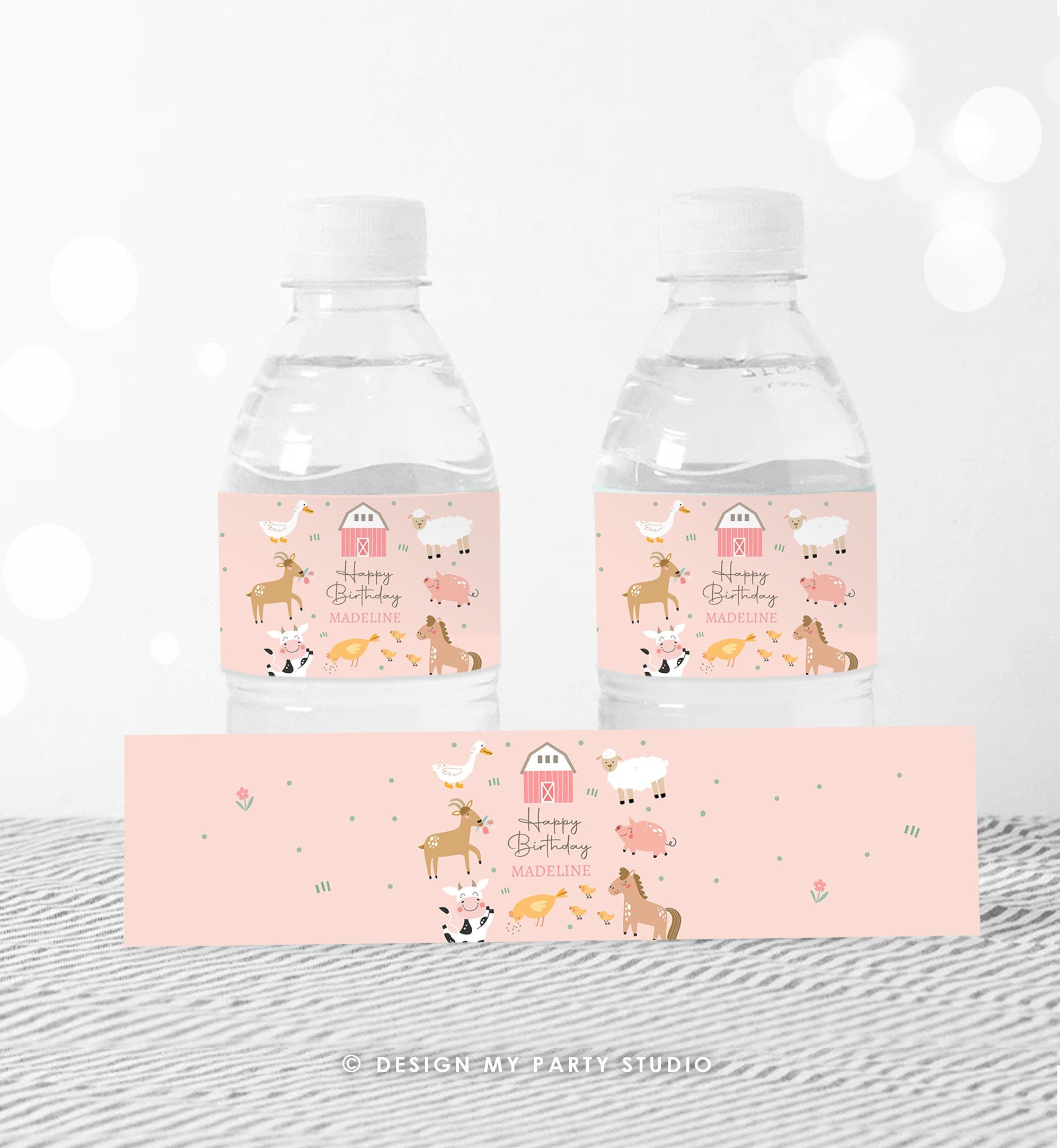 Editable Water Bottle Labels Farm Animals Girl Birthday Pink Barnyard Farm Birthday Decor Cow Bottle Labels Digital Template Printable 0436