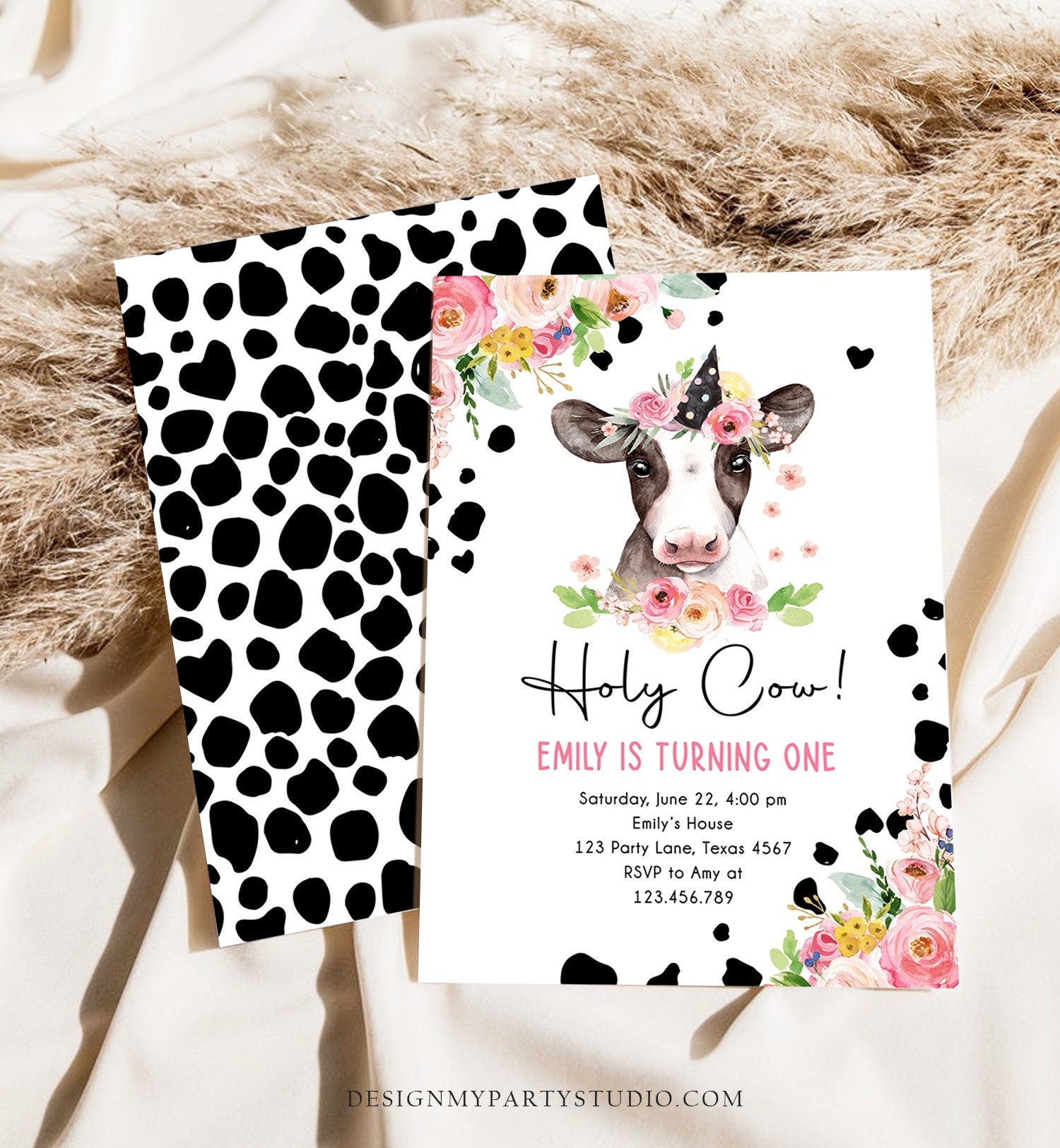 Editable Cow Birthday Invitation Girl Farm Animals Pink Floral Barnyard Party Holy Cow Party 1st One Download Printable Template Corjl 0434