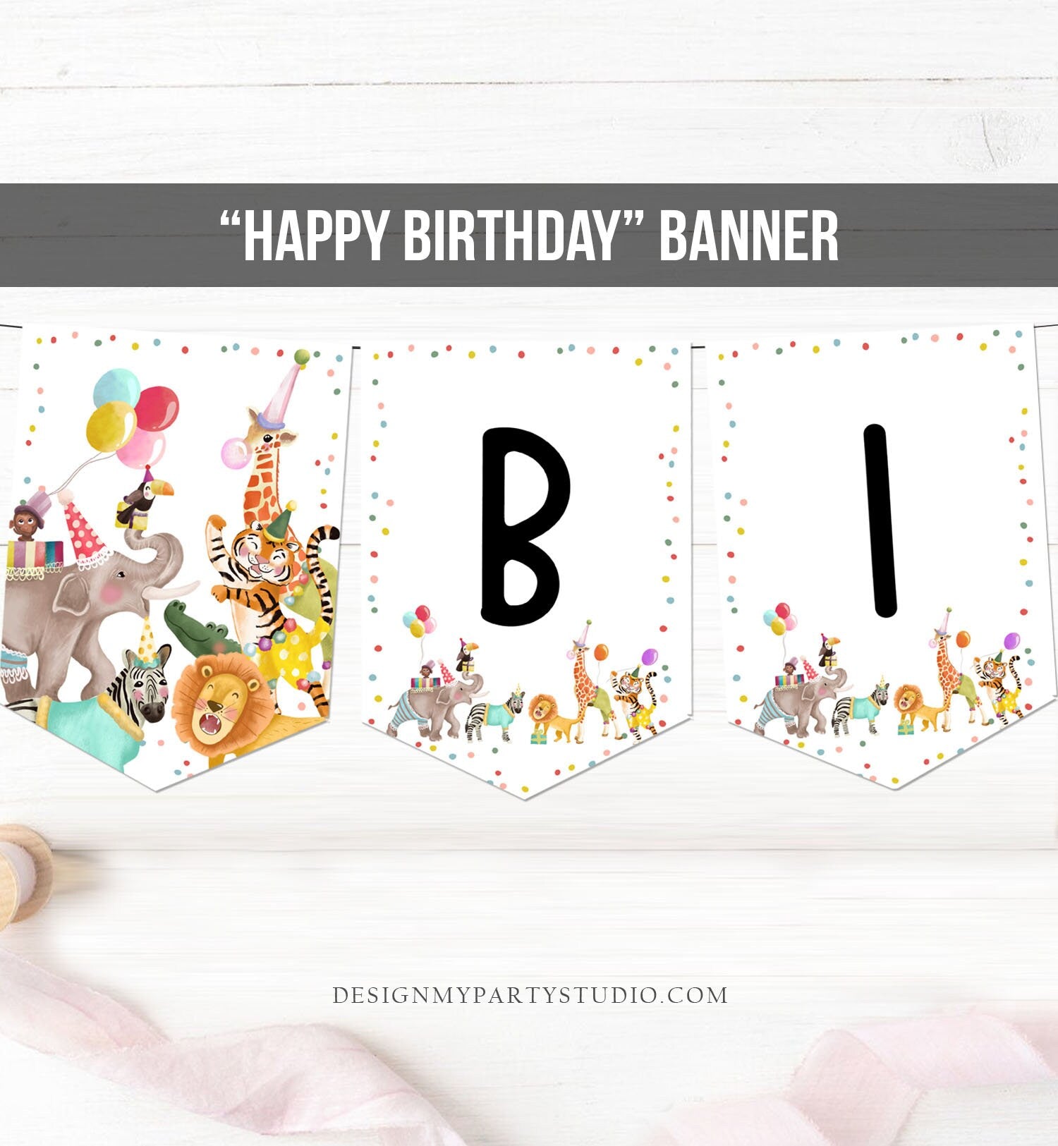 Happy Birthday Banner Party Animals Safari Animals Wild One Birthday Zoo Decorations Boy Girl Jungle Instant download PRINTABLE DIGITAL 0482