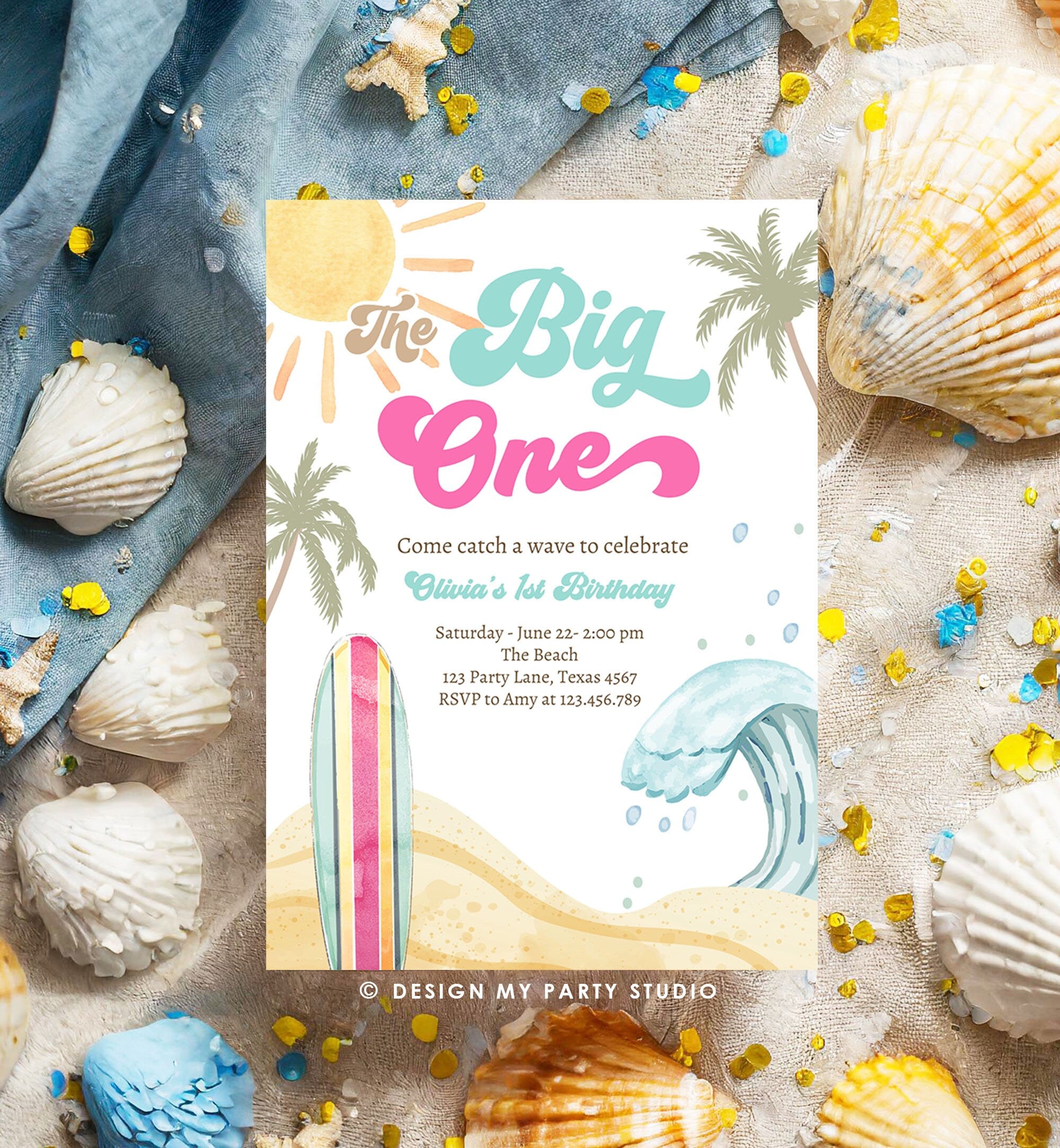 Editable The Big One Surf 1st Birthday Invitation Retro Surfboard Beach Party Girl Pink Surfer Boho Download Template Corjl Digital 0433