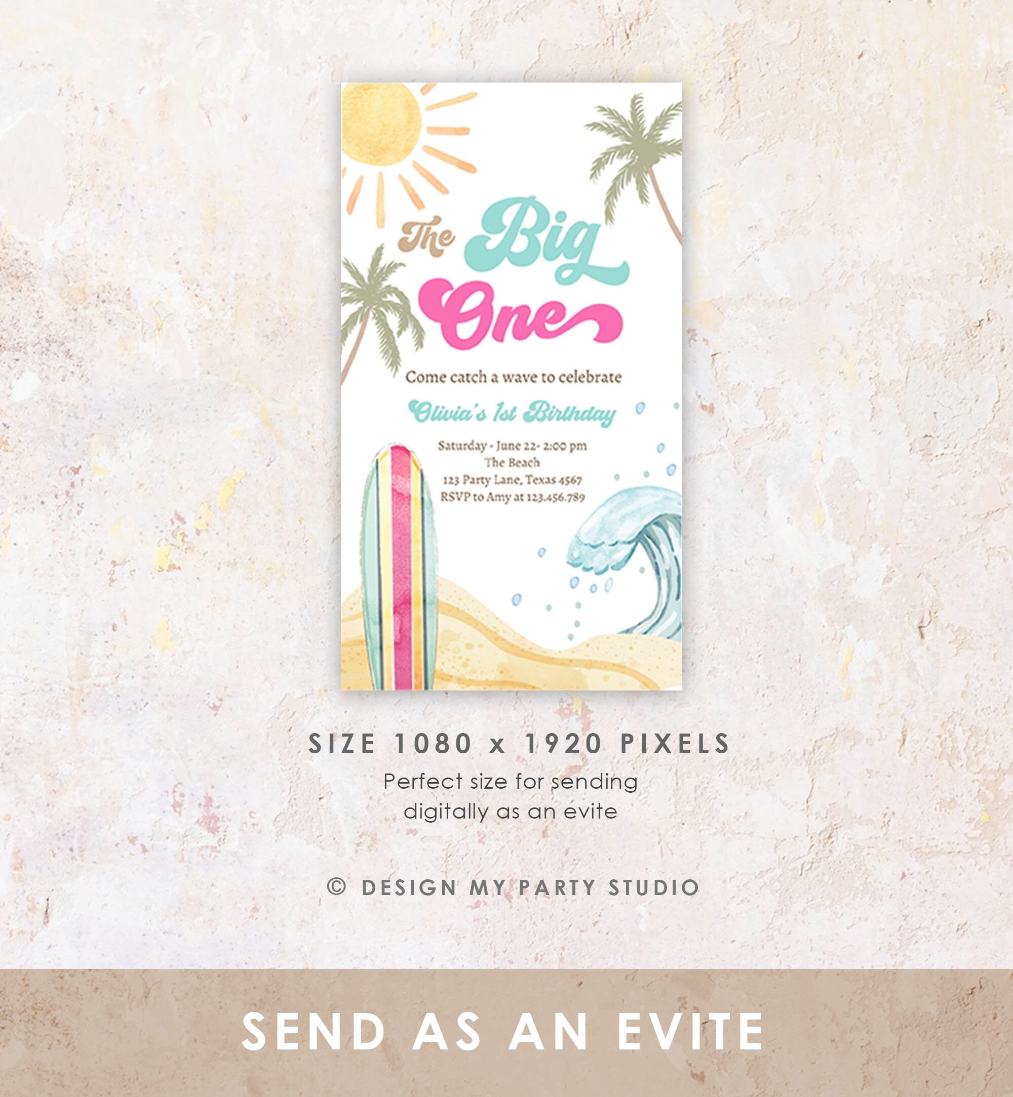 Editable The Big One Surf 1st Birthday Invitation Retro Surfboard Beach Party Wave Surfer Boho Girl Download Template Corjl Digital 0433