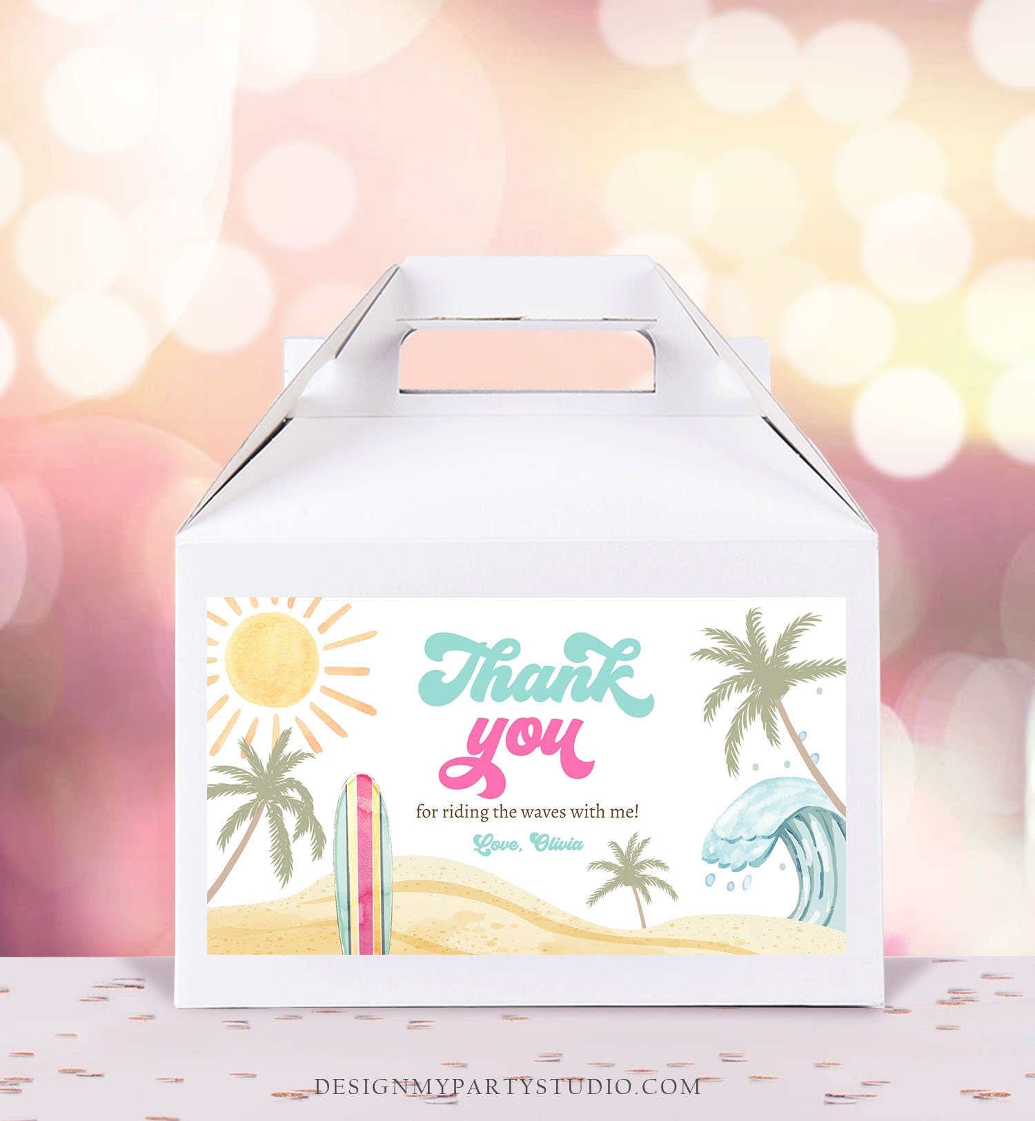 Editable Surf Gable Box Favor Label Surf Birthday Favor Box Label GirlThe Big One Retro Surfboard 1st Digital Download Printable Corjl 0433