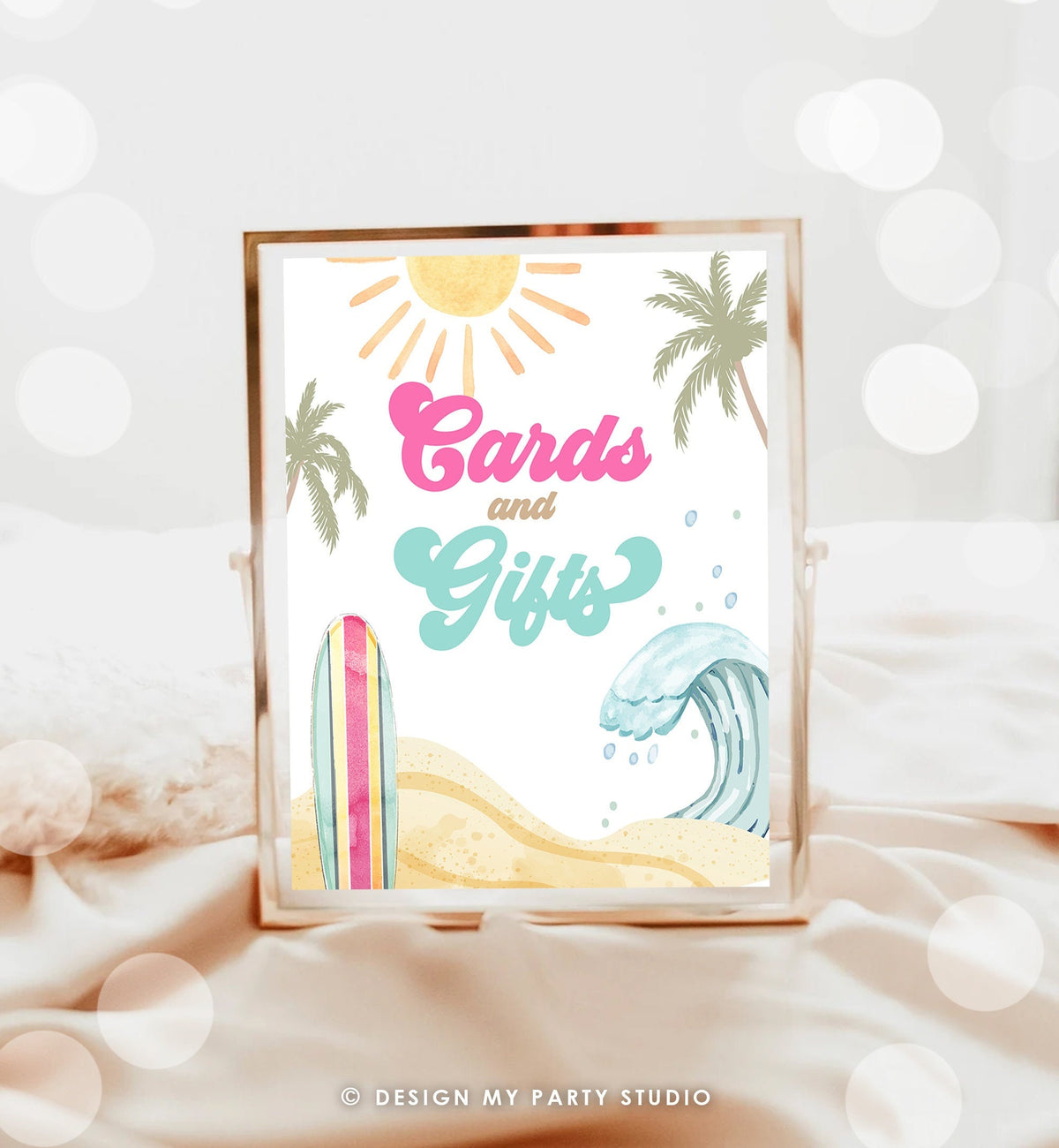 Cards and Gifts Sign Surf Birthday Party Retro The Big One Wave Beach Party Decor Boho Surfboard 1st Girl Gift Table Download PRINTABLE 0433