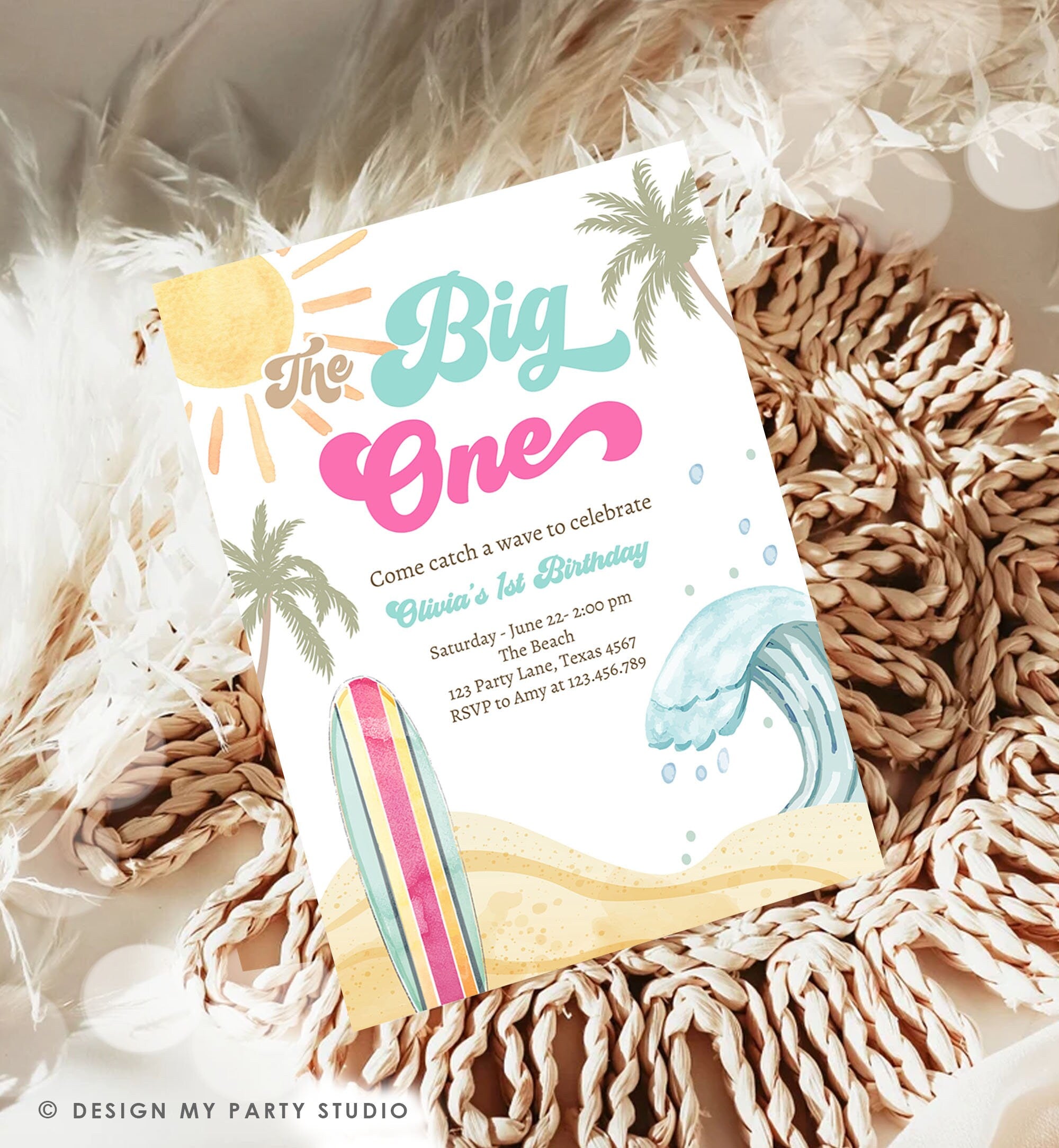 Editable The Big One Surf 1st Birthday Invitation Retro Surfboard Beach Party Girl Pink Surfer Boho Download Template Corjl Digital 0433