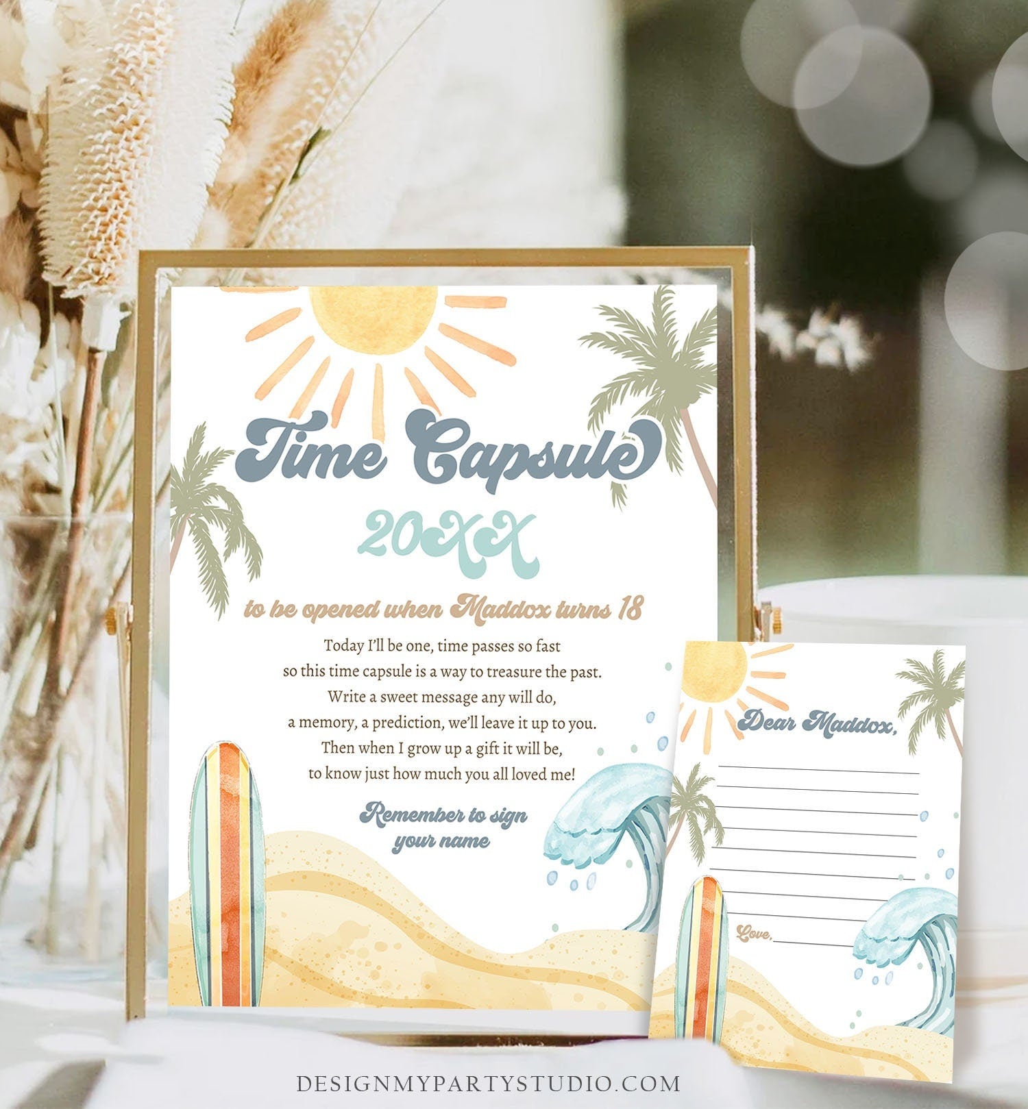 Editable Time Capsule Surf First Birthday Party Surfing Decorations The Big One Boy 1st Beach Wave Retro Template Printable Corjl 0433