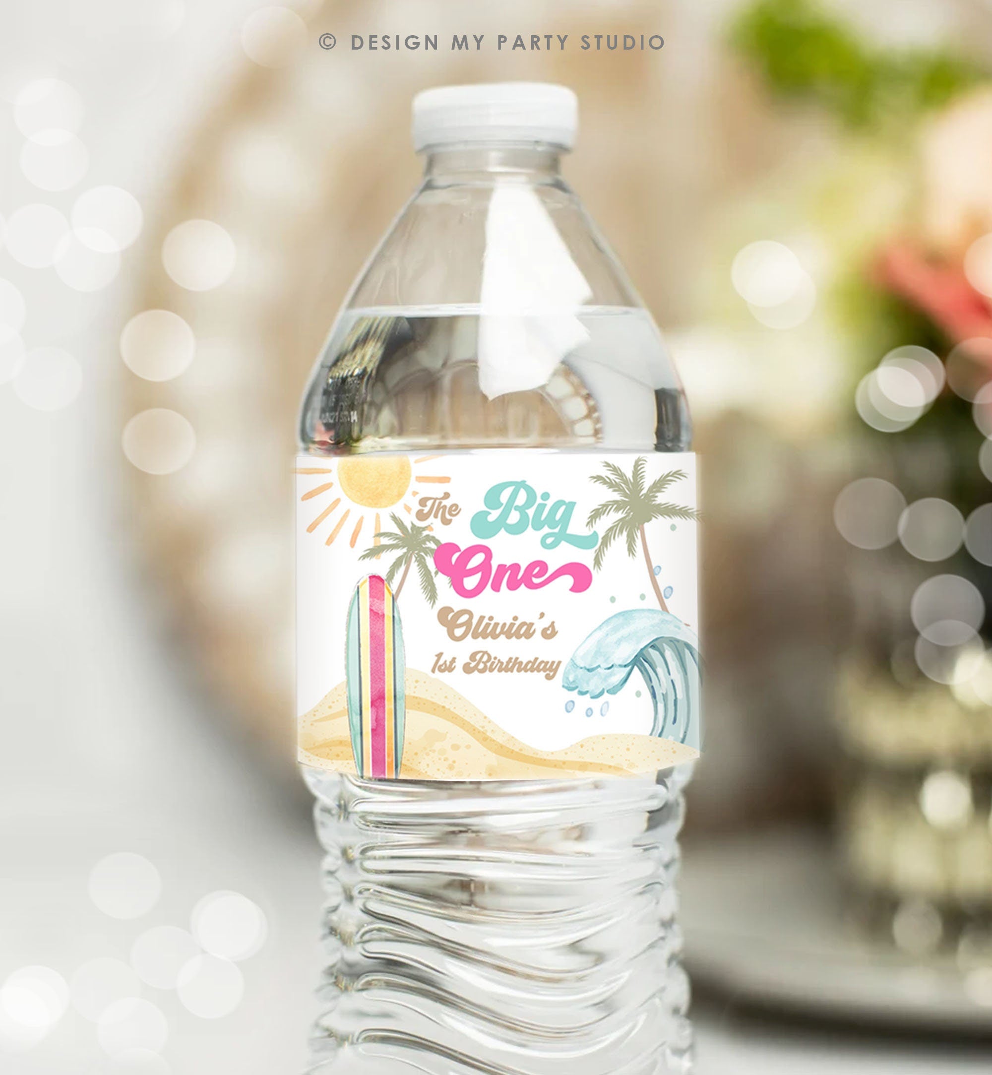 Editable Surf Water Bottle Labels The Big One Party Decor Surf 1st Birthday Retro Girl Surfboard Labels Download Template Printable 0433