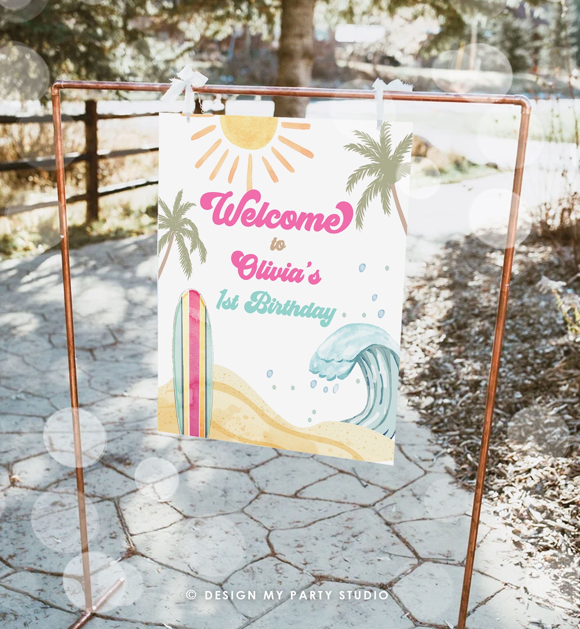 Editable Surf Birthday Welcome Sign Girl The Big One Birthday First Welcome Sign Beach Party Retro Big Wave Template Corjl PRINTABLE 0433