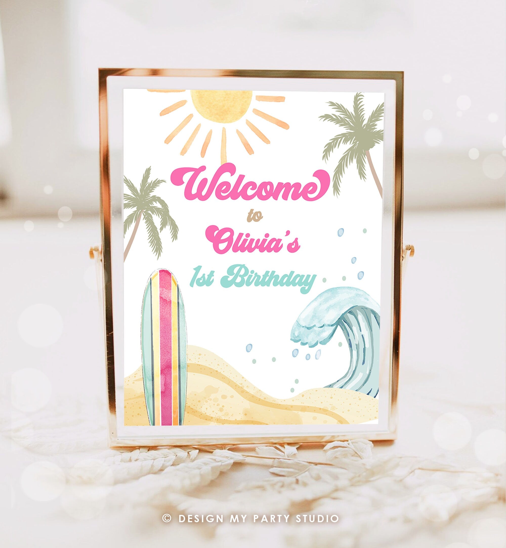 Editable Surf Birthday Welcome Sign Girl The Big One Birthday First Welcome Sign Beach Party Retro Big Wave Template Corjl PRINTABLE 0433