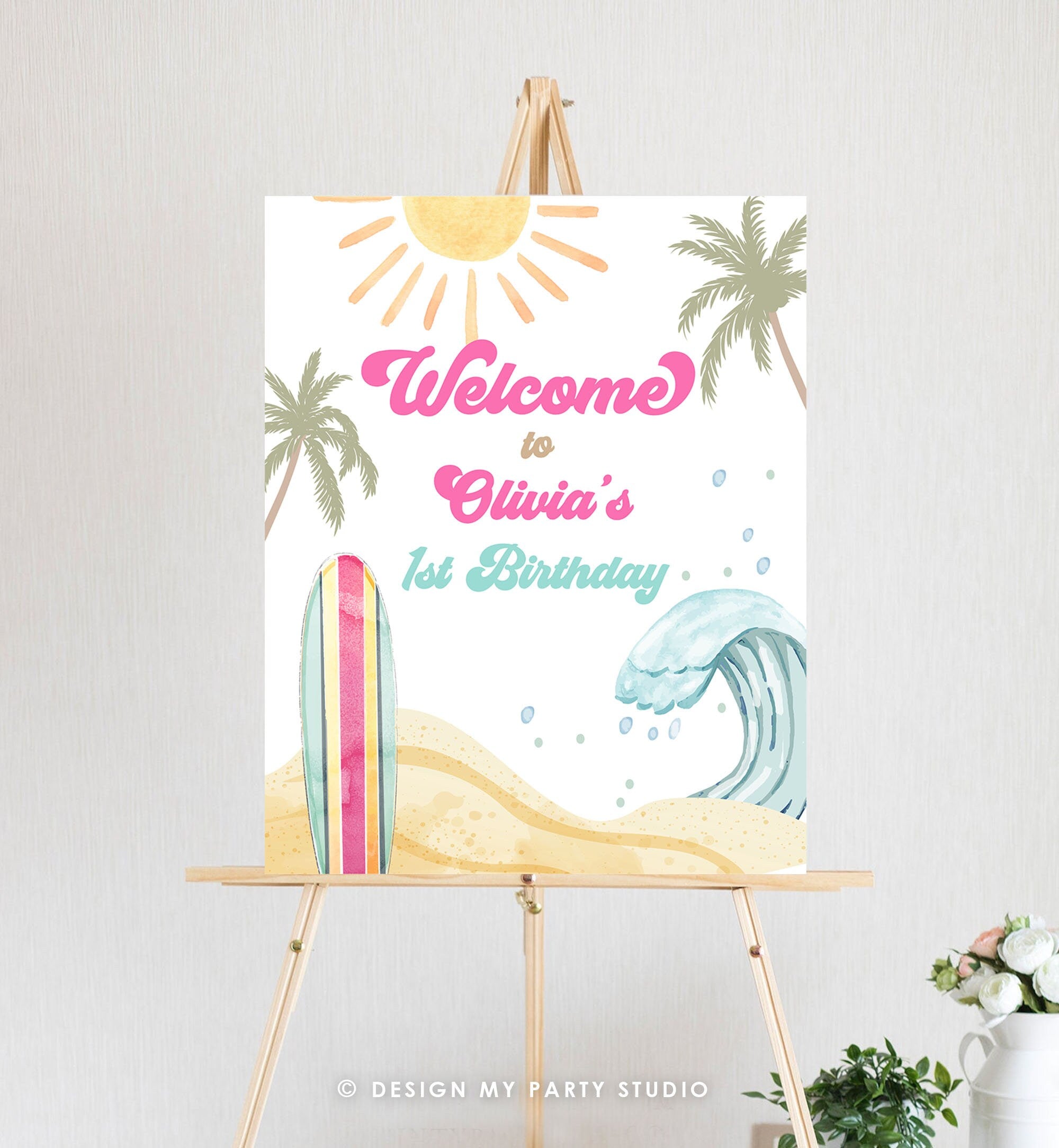 Editable Surf Birthday Welcome Sign Girl The Big One Birthday First Welcome Sign Beach Party Retro Big Wave Template Corjl PRINTABLE 0433