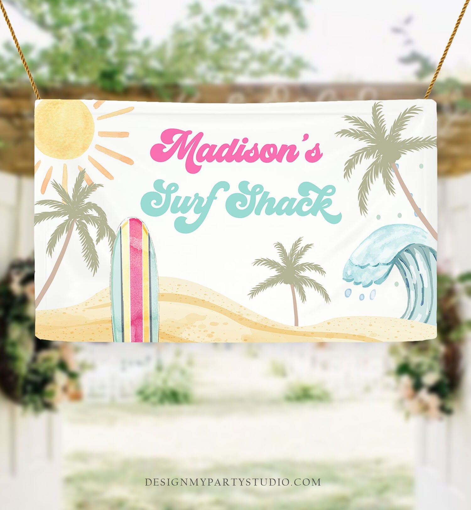 Editable Surf Birthday Backdrop Banner Surfing Birthday Girl First Beach The Big One Surf Shack Download Corjl Template Printable 0433