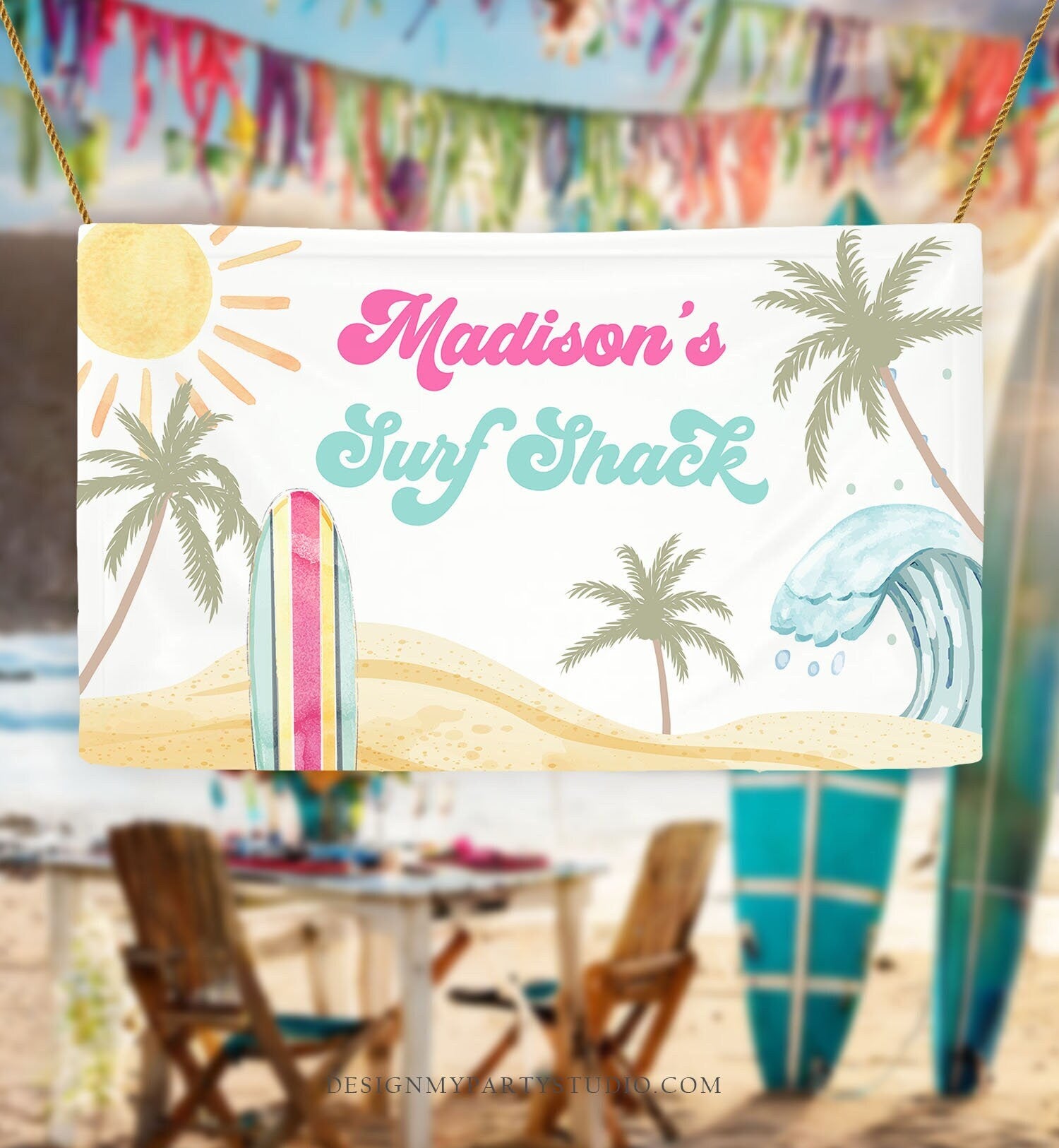 Editable Surf Birthday Backdrop Banner Surfing Birthday Girl First Beach The Big One Surf Shack Download Corjl Template Printable 0433