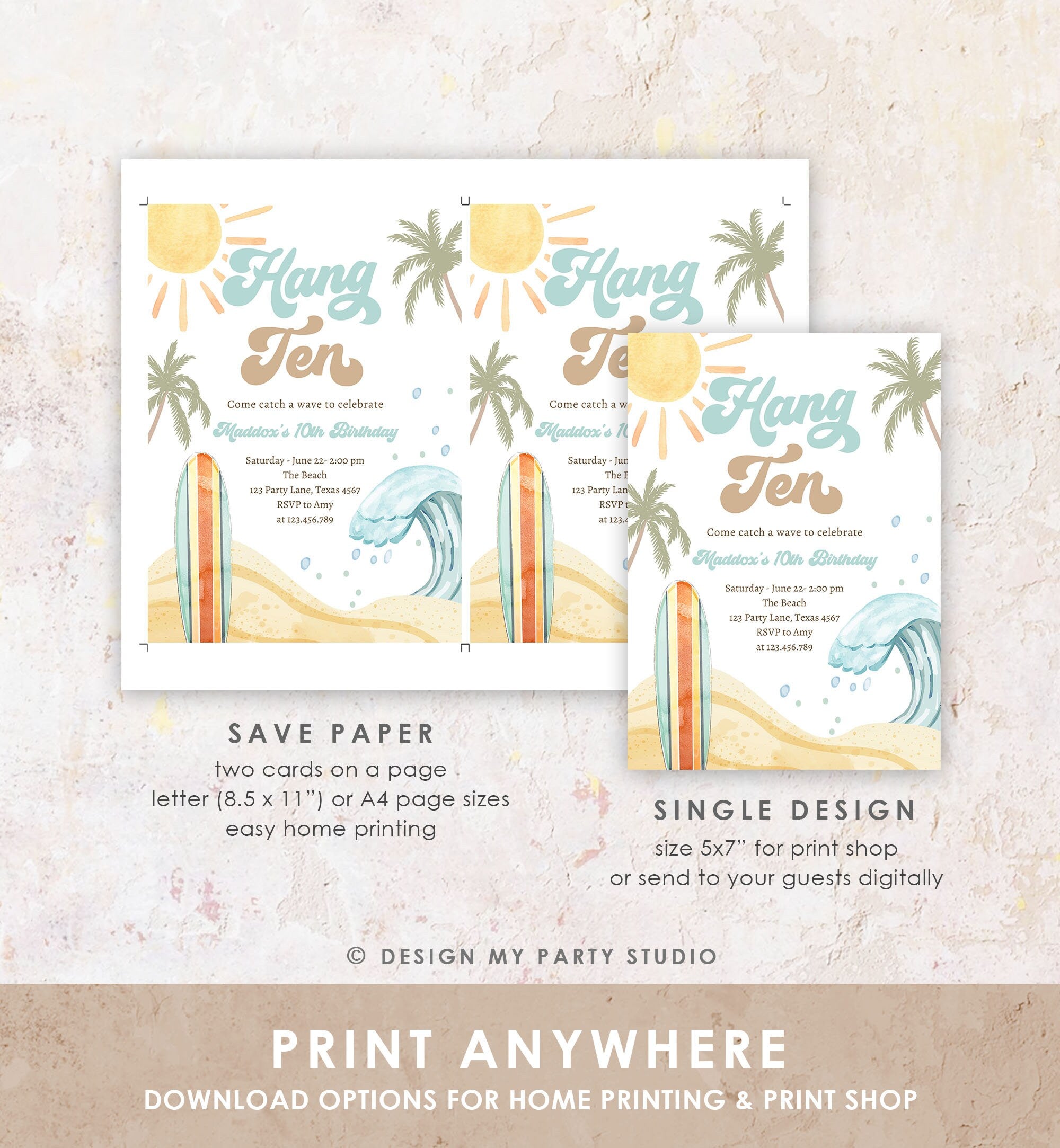 Editable Hang Ten Surf 10th Birthday Invitation Retro Surfboard Beach Party Wave Boy Dude Surfer Boho Download Template Corjl Digital 0433