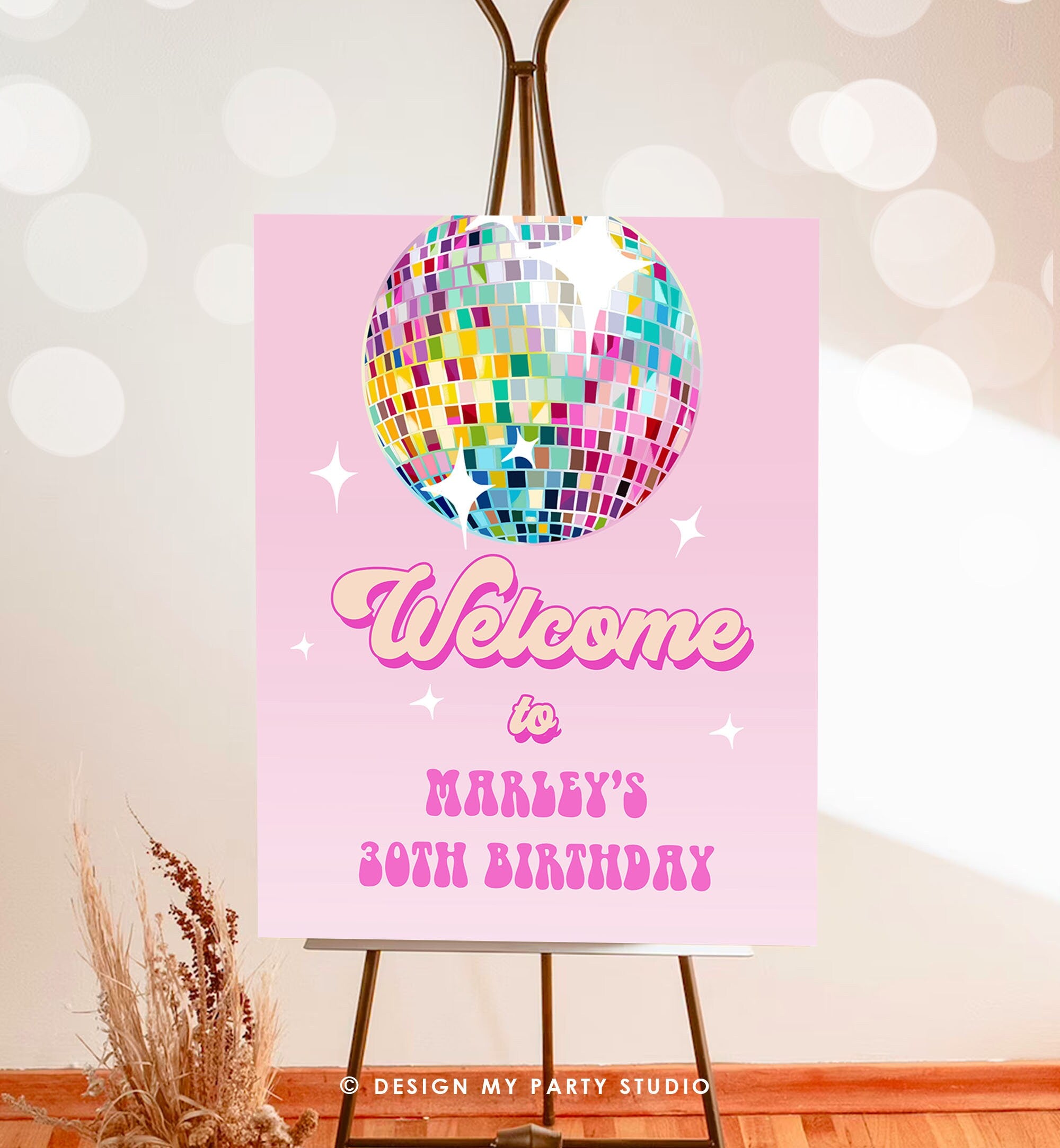 Editable Disco Birthday Party Welcome Sign Disco Party Birthday Adult Let's Disco 70s Retro Pink Dance Decor Corjl Template Printable 0501