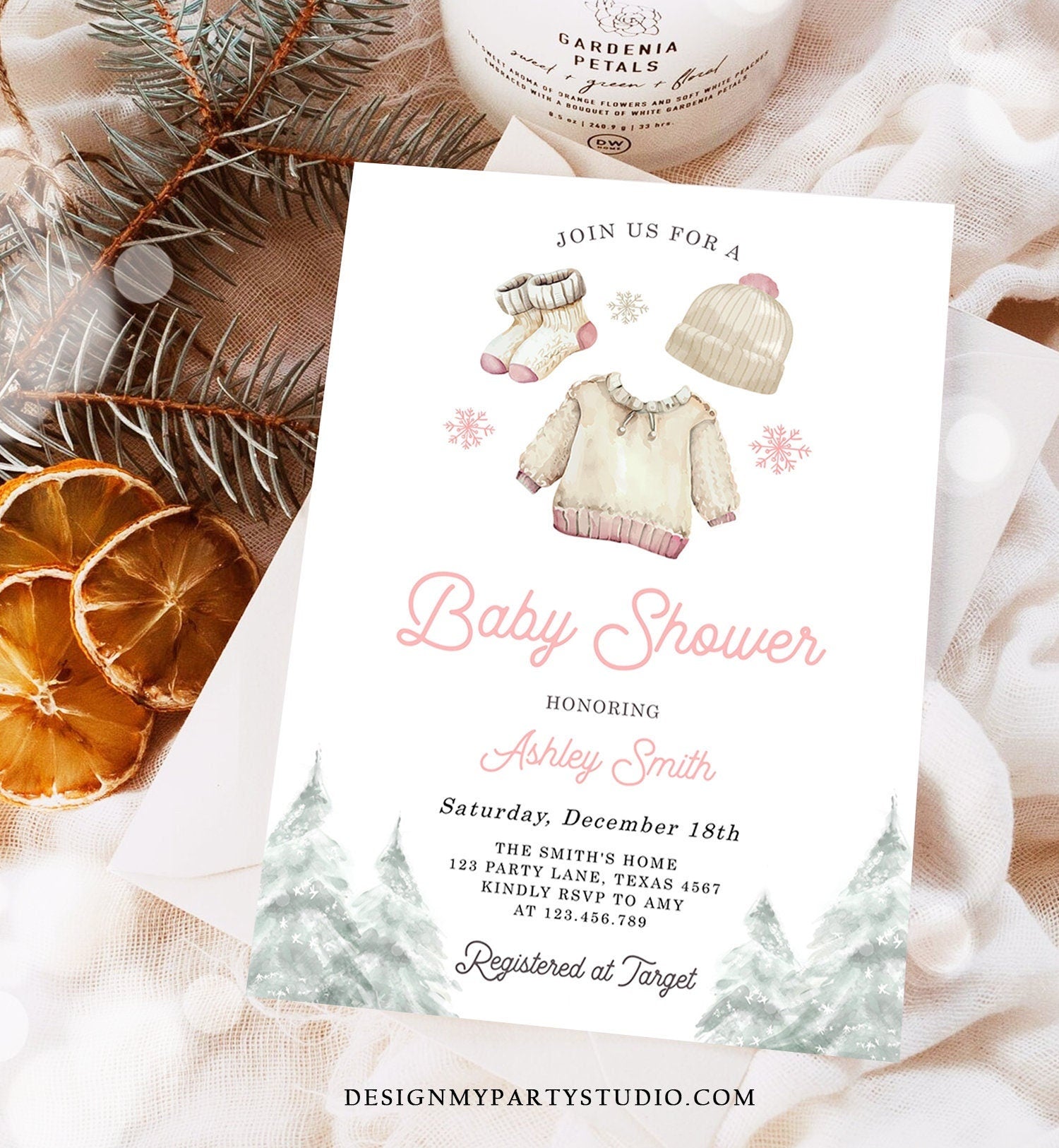 Editable Winter Baby Shower Girl Baby It's Cold Outside Invitation Christmas Pink Baby Clothes Watercolor Template Download Corjl 0491