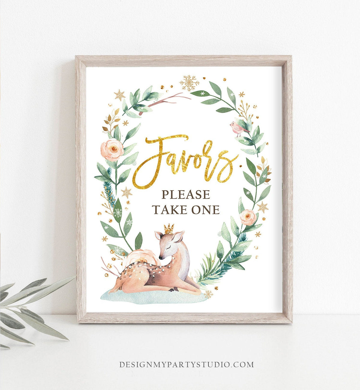 Favors Sign Deer Winter Onederland First Birthday Thank You Treats Gifts Wonderland Girl Pink Gold Table Hot Drinks Download Printable 0265