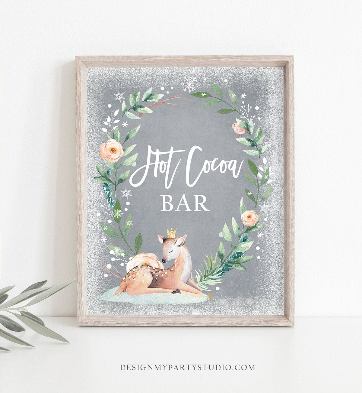 Hot Cocoa Bar Sign Deer Winter Onederland First Birthday Chocolate Bar Wonderland Girl Pink Gold Table Hot Drinks Download Printable 0265