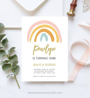 Editable Rainbow Birthday Invitation Muted Rainbow Invitation Pastel 1st Birthday Pink Girl Any Age First Bday Download Corjl Template 0331