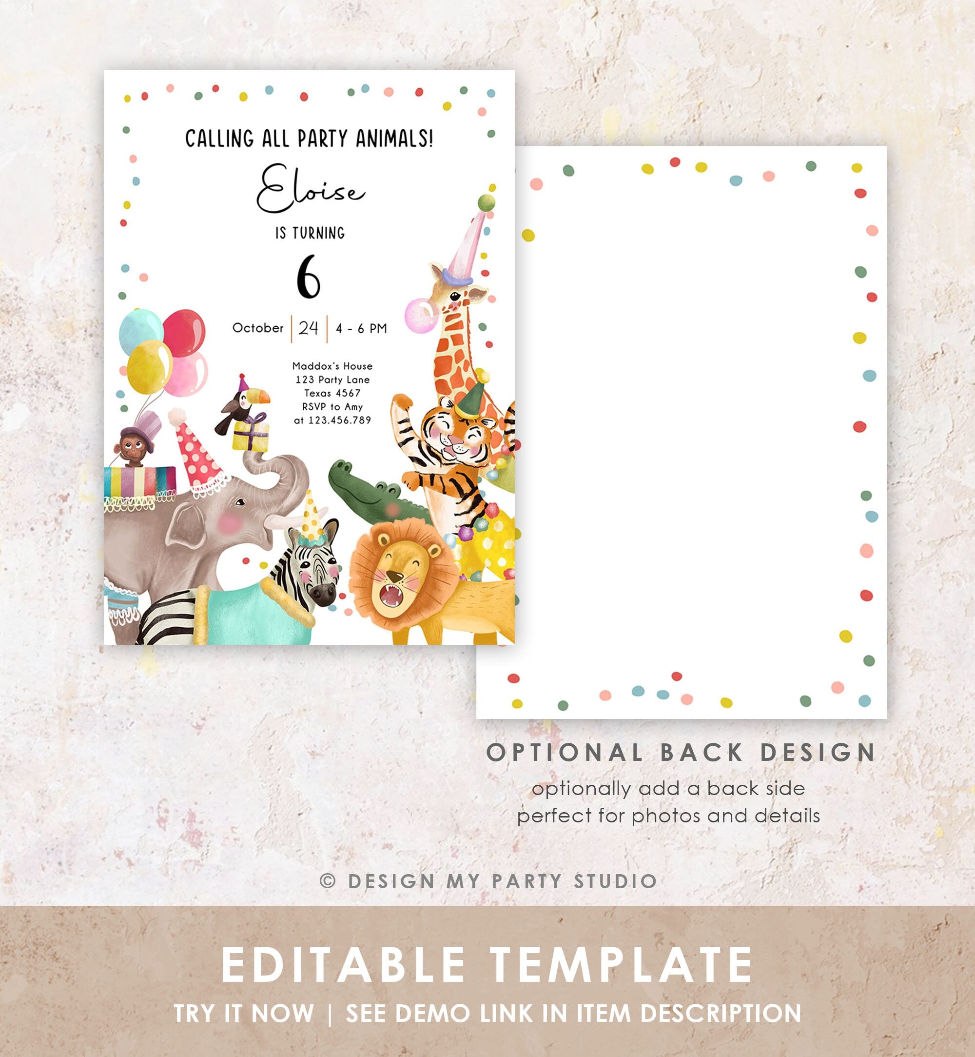 Editable Calling All Party Animals Birthday Invitation Wild One Jungle Zoo Safari Animals Boy Girl Download Printable Corjl Template 0482