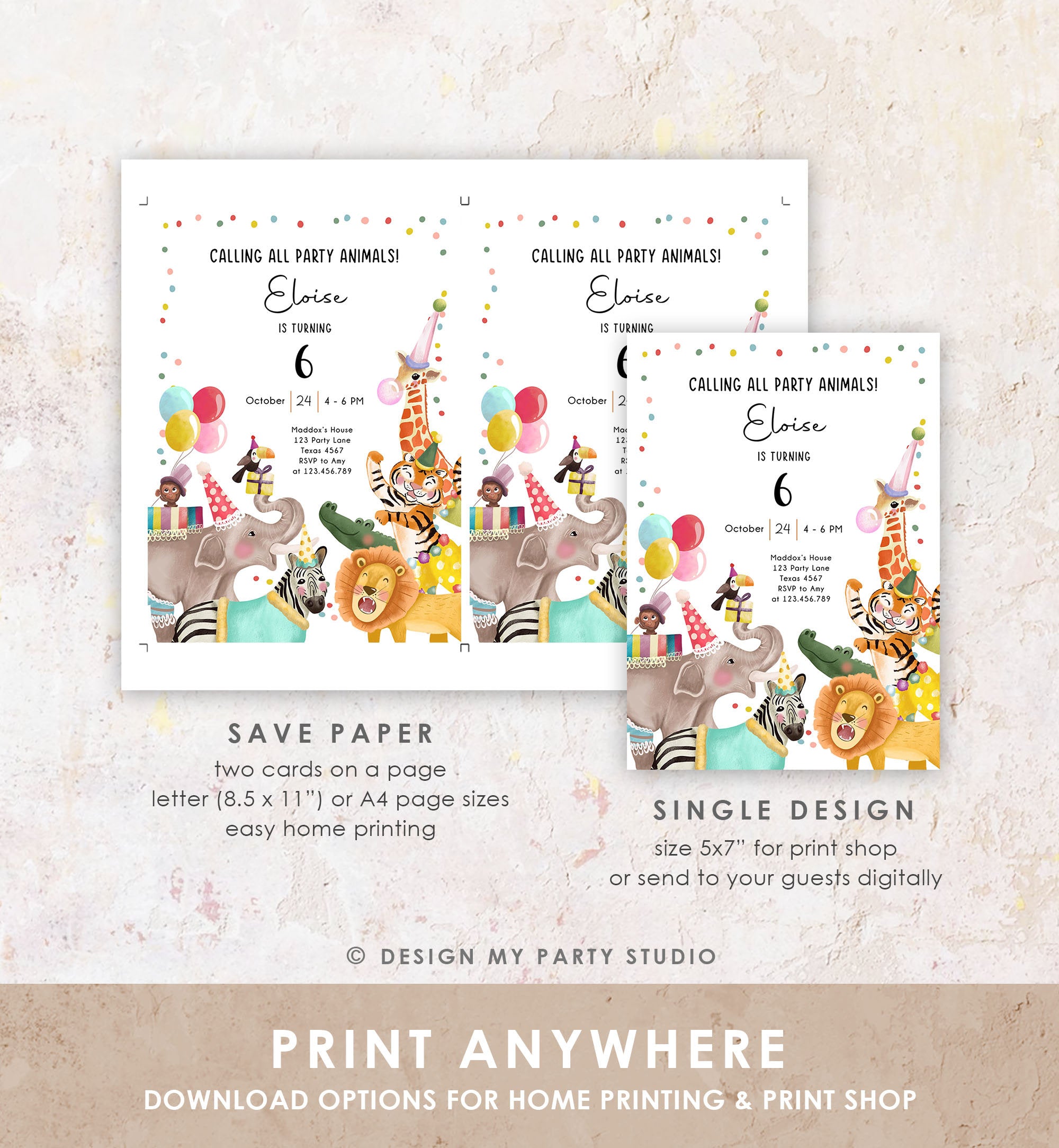 Editable Calling All Party Animals Birthday Invitation Wild One Jungle Zoo Safari Animals Boy Girl Download Printable Corjl Template 0482