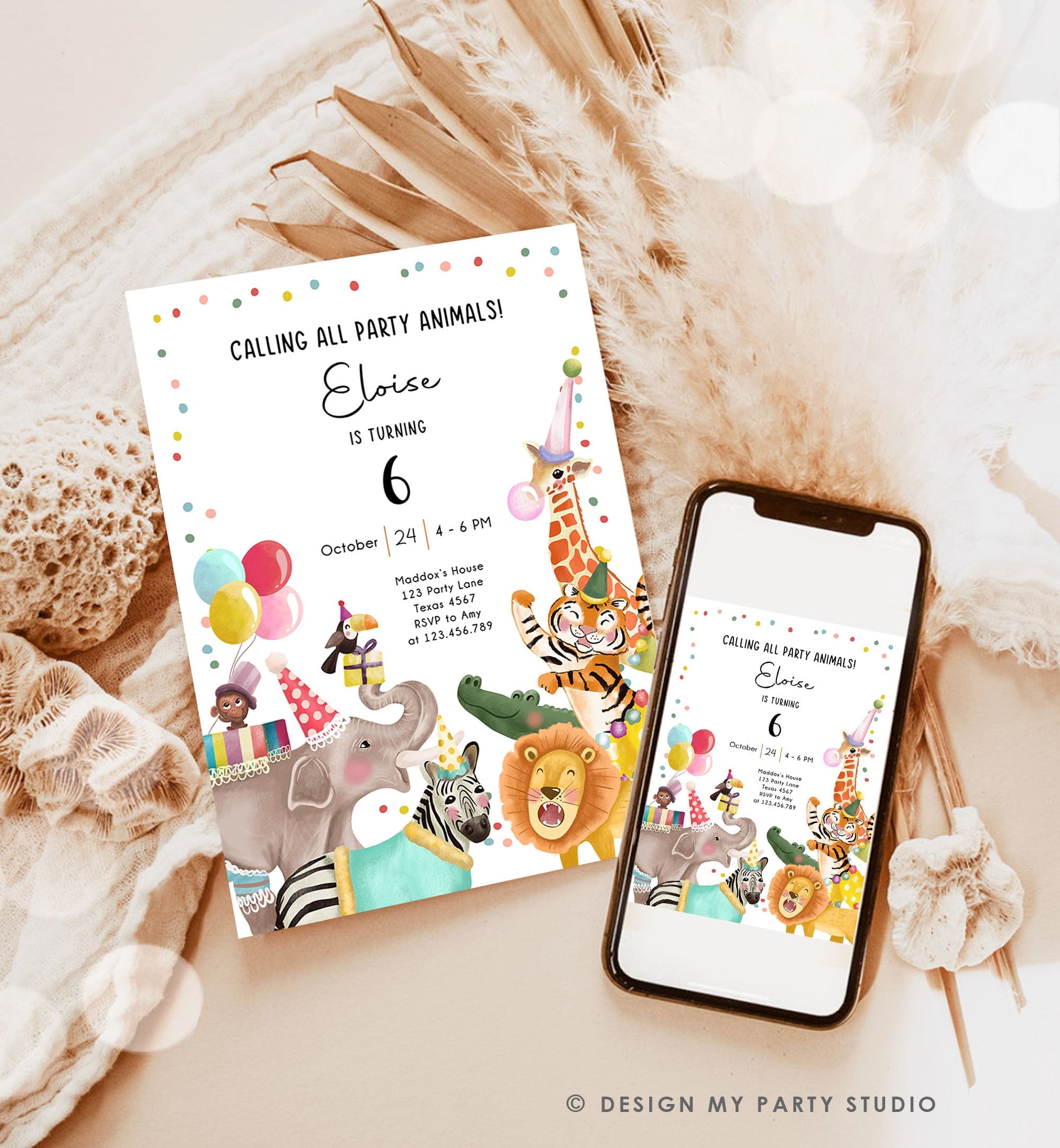 Editable Calling All Party Animals Birthday Invitation Wild One Jungle Zoo Safari Animals Boy Girl Download Printable Corjl Template 0482