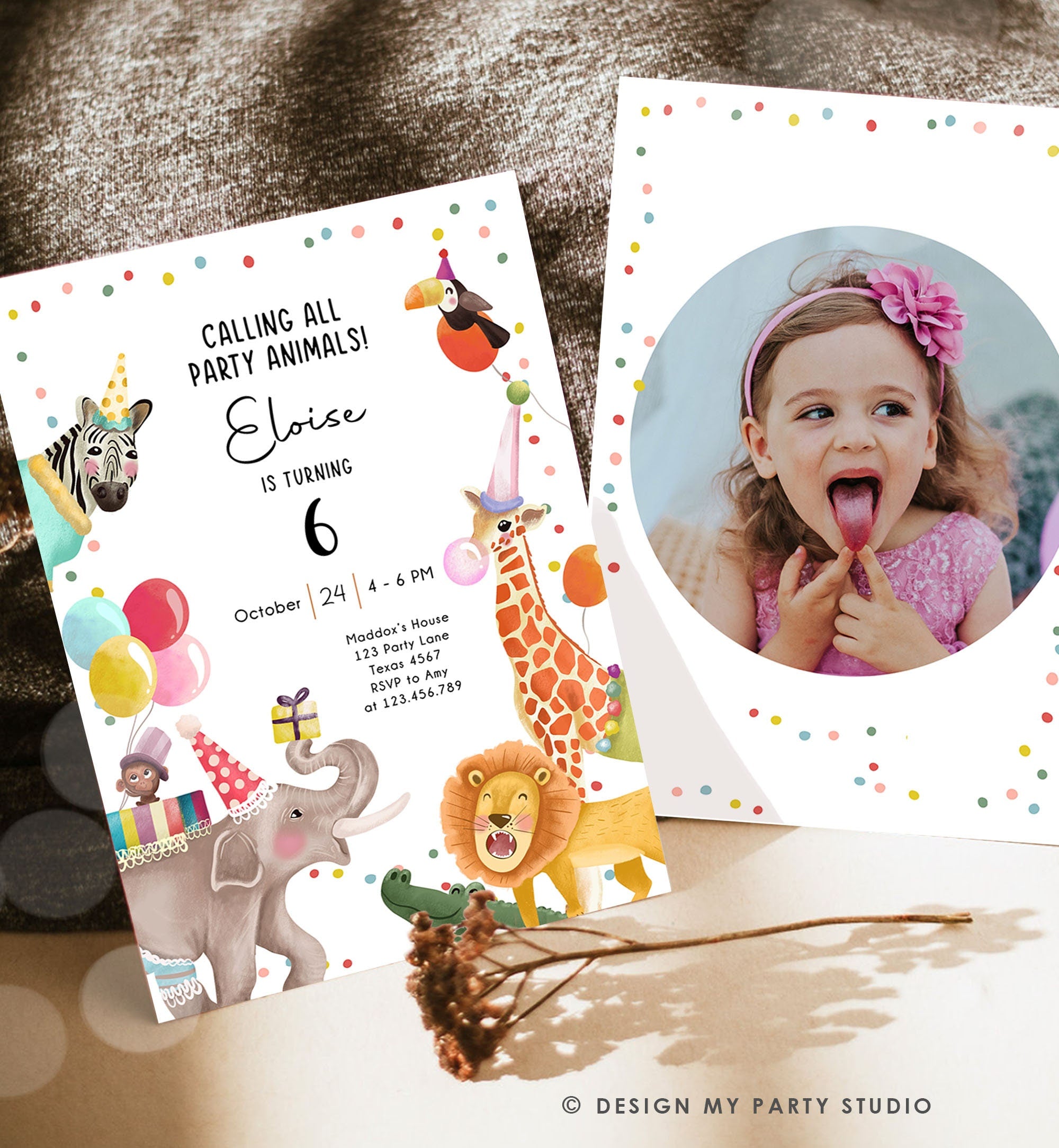 Editable Calling All Party Animals Birthday Invitation Wild One Jungle Zoo Safari Animals Photo Download Printable Corjl Template 0482