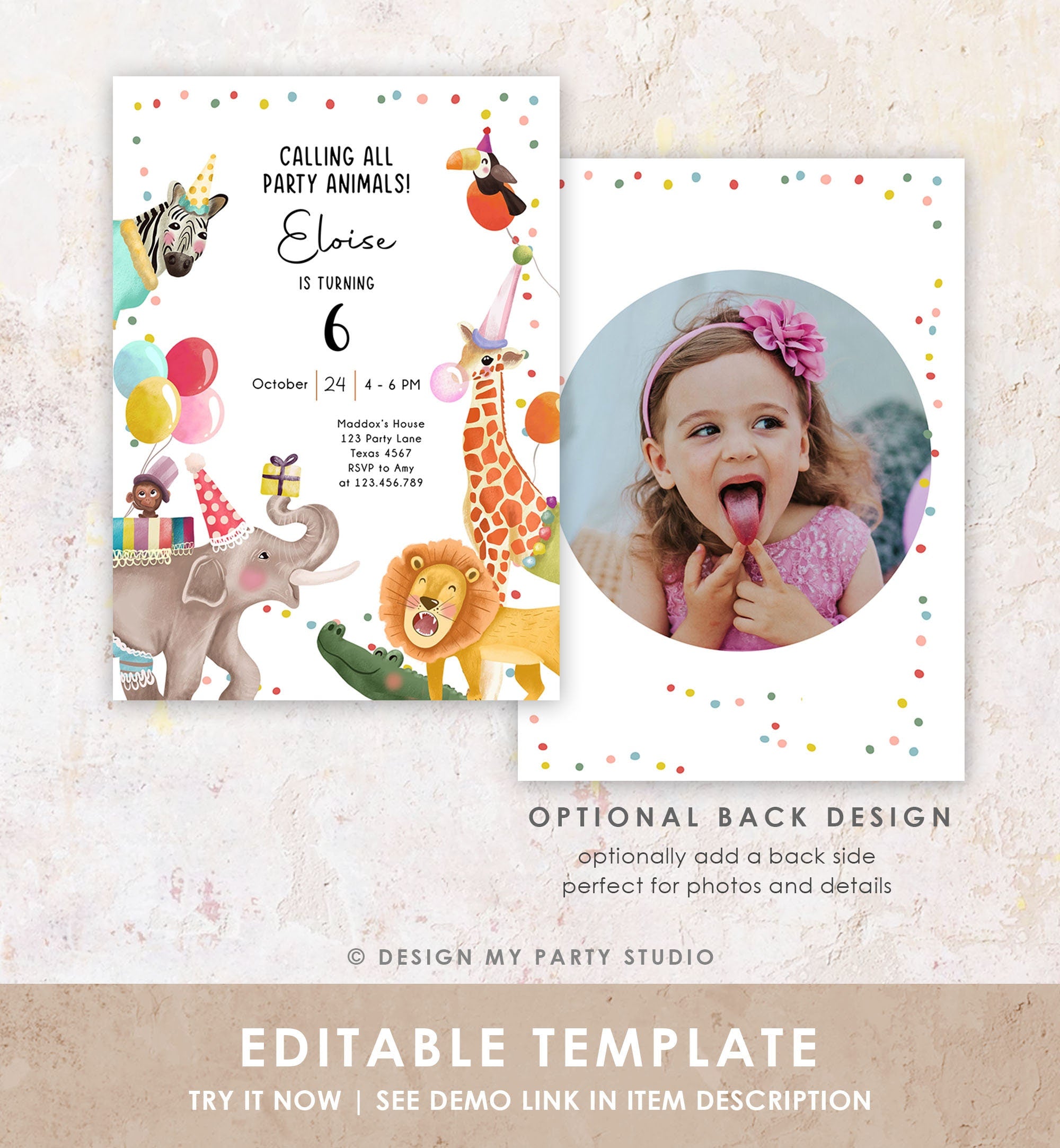 Editable Calling All Party Animals Birthday Invitation Wild One Jungle Zoo Safari Animals Photo Download Printable Corjl Template 0482