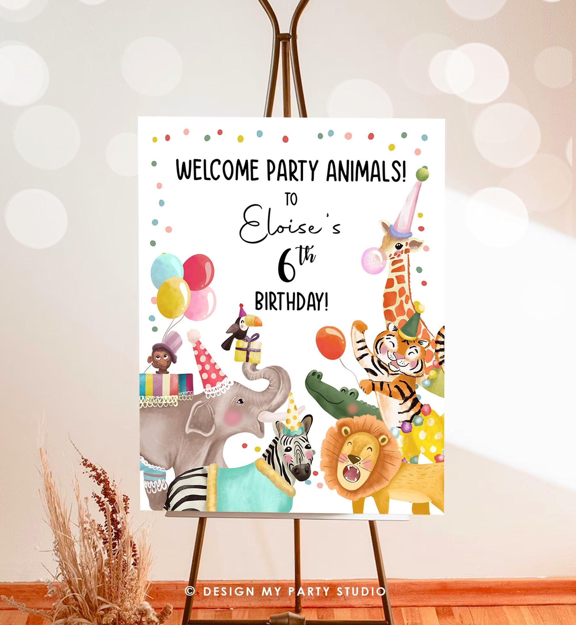 Editable Party Animals Welcome Sign Party Animal Sign Zoo Safari Welcome Jungle Sign Birthday Animals Girl Template PRINTABLE Corjl 0482