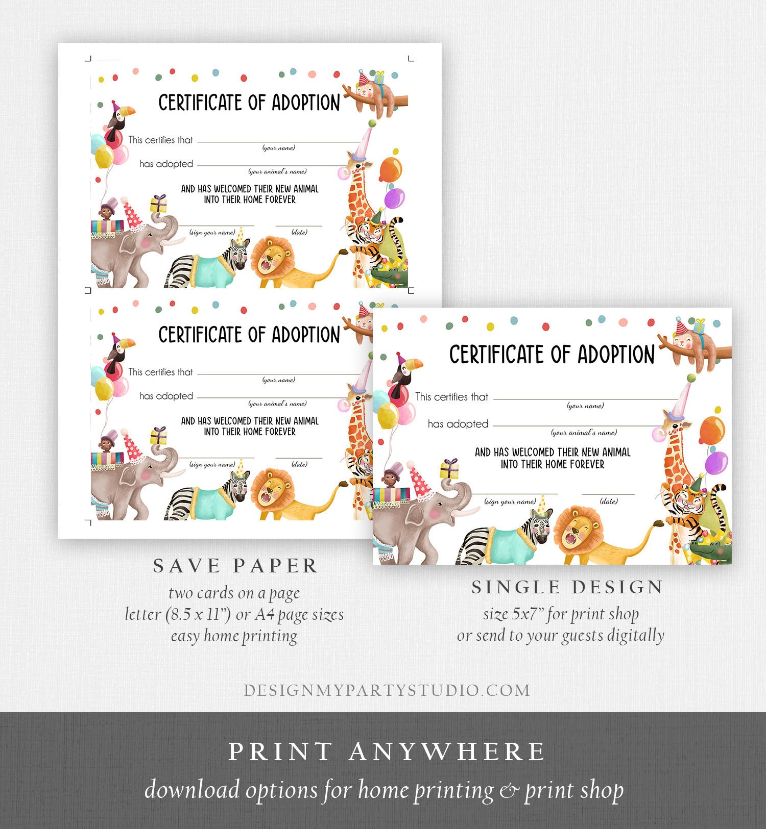 Adopt an Animal Adoption Certificate Safari Adoption Wild One Birthday Party Animals Birthday Instant Download Digital PRINTABLE 0482