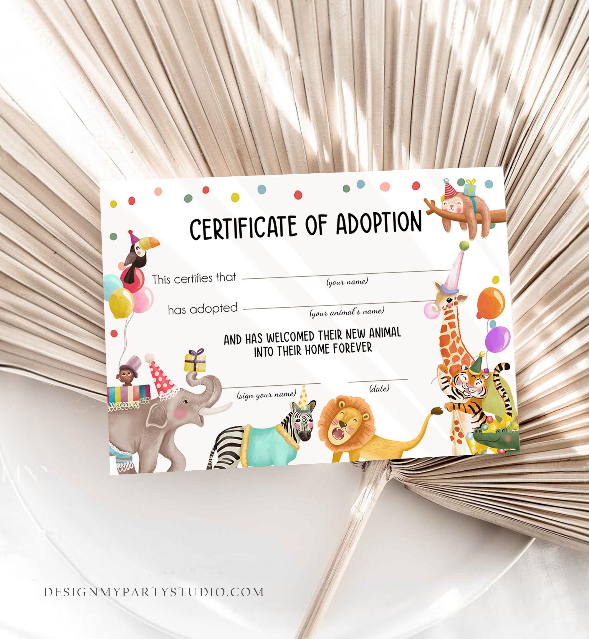 Adopt an Animal Adoption Certificate Safari Adoption Wild One Birthday Party Animals Birthday Instant Download Digital PRINTABLE 0482