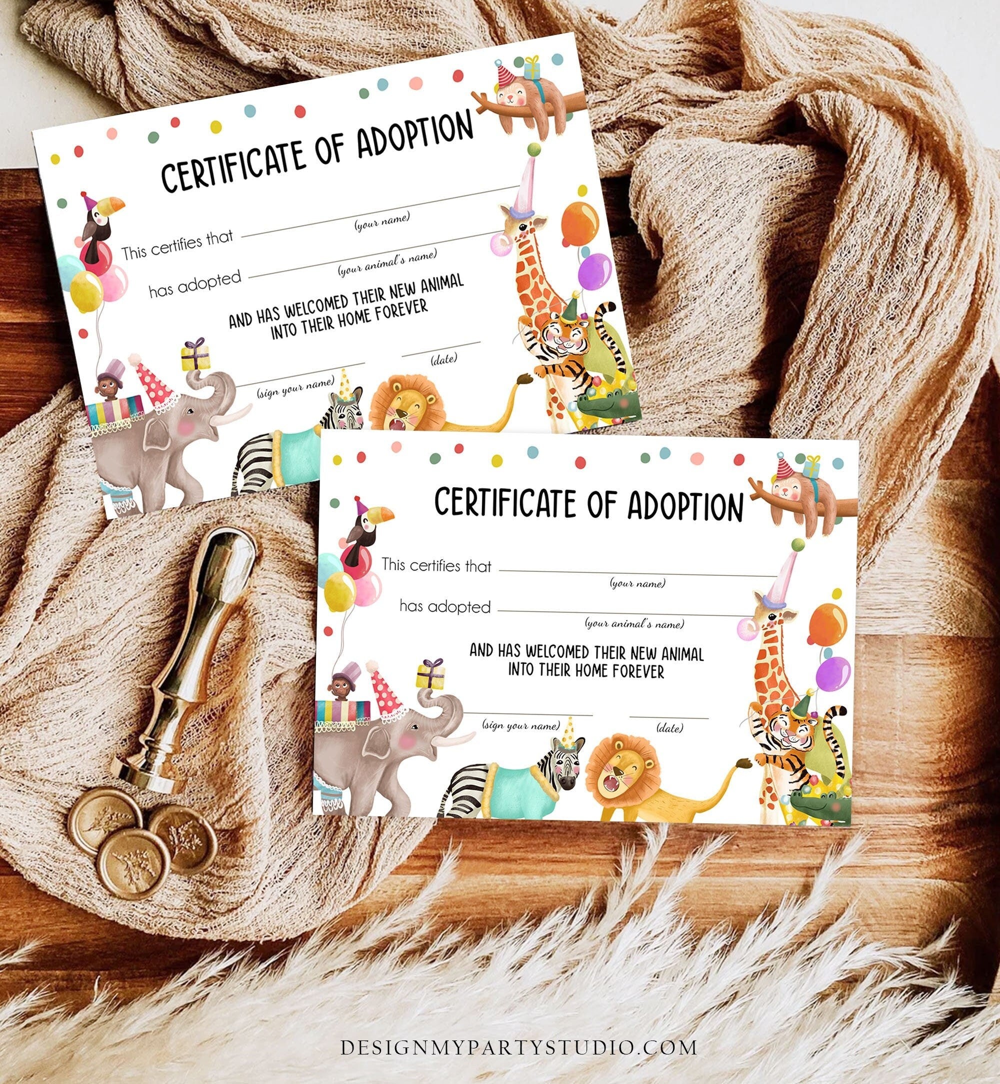 Adopt an Animal Adoption Certificate Safari Adoption Wild One Birthday Party Animals Birthday Instant Download Digital PRINTABLE 0482