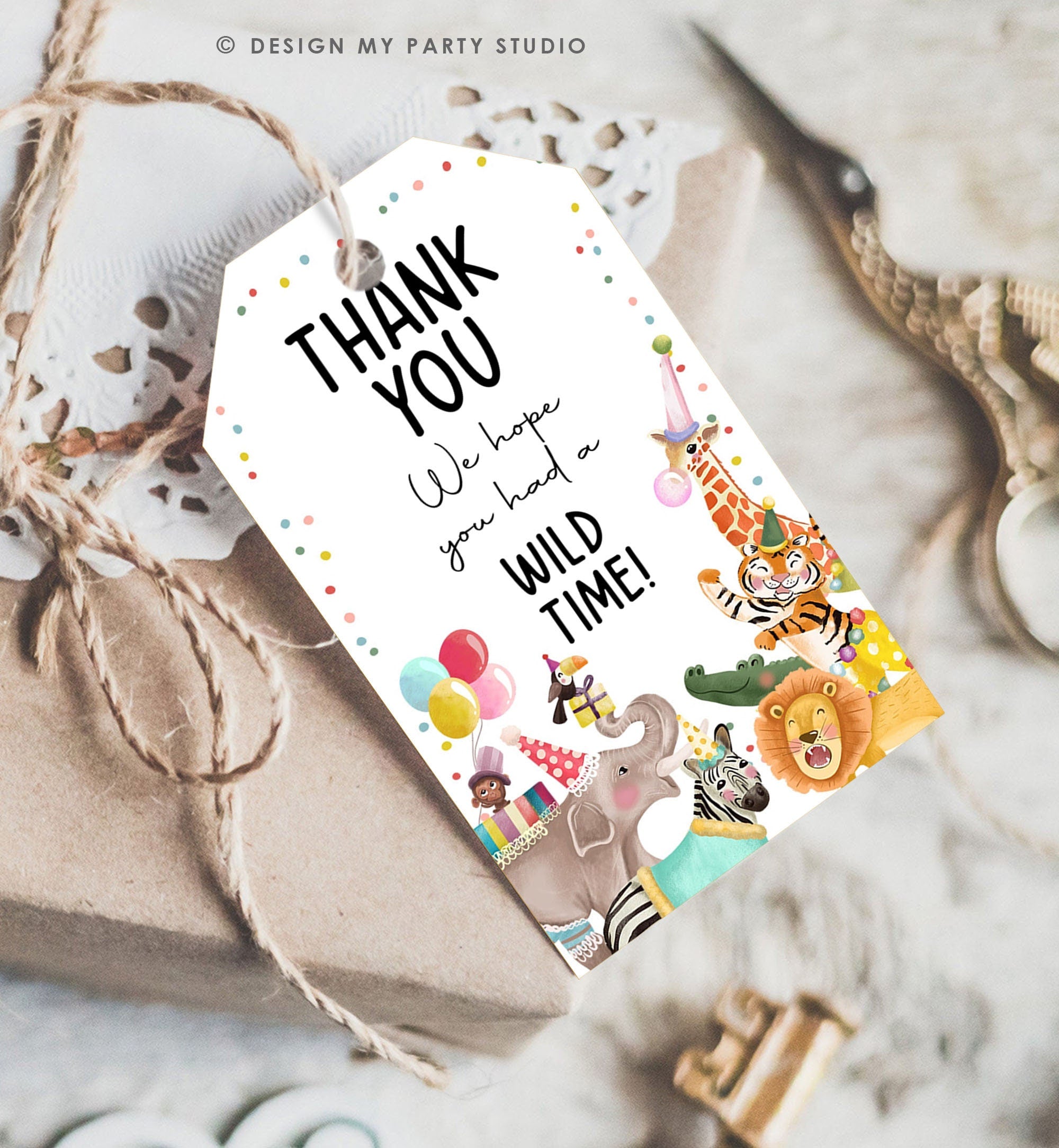 Editable Party Animals Favor Tags Wild One Animals Thank You Tags Safari Zoo Animals Birthday Wild Time Gift Tag Digital Corjl Template 0482