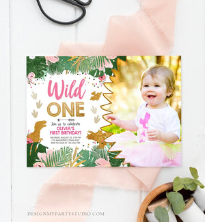 Editable Wild One Birthday Invitation Dinosaur Dino Party Girl 1st First Birthday Pink Gold Born to be Wild Corjl Template Printable 0146