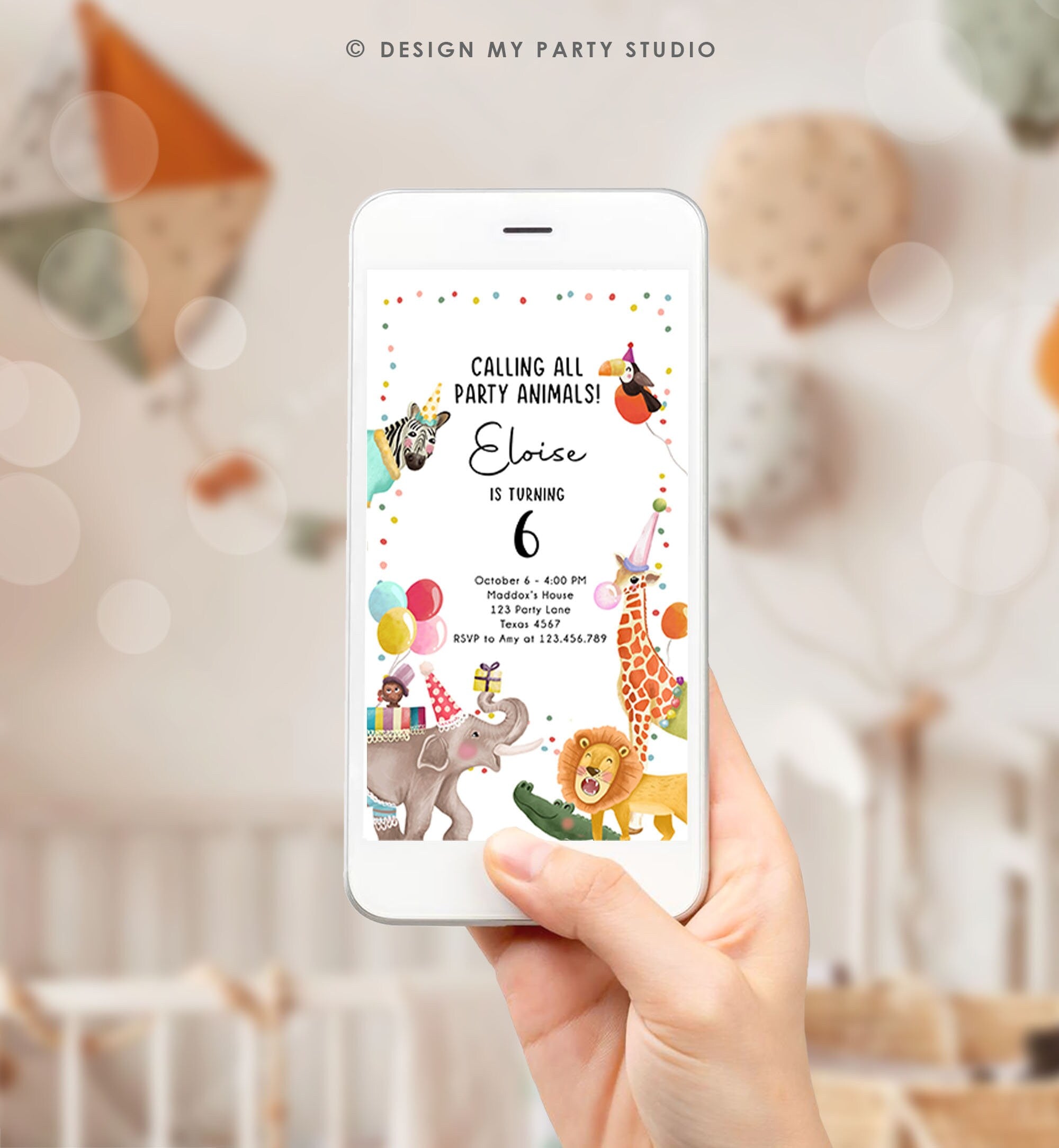 Editable Party Animals Birthday Evite Wild One Animals Invitation Zoo Safari Animals Girl Download Digital Invite iPhone Template Corjl 0482