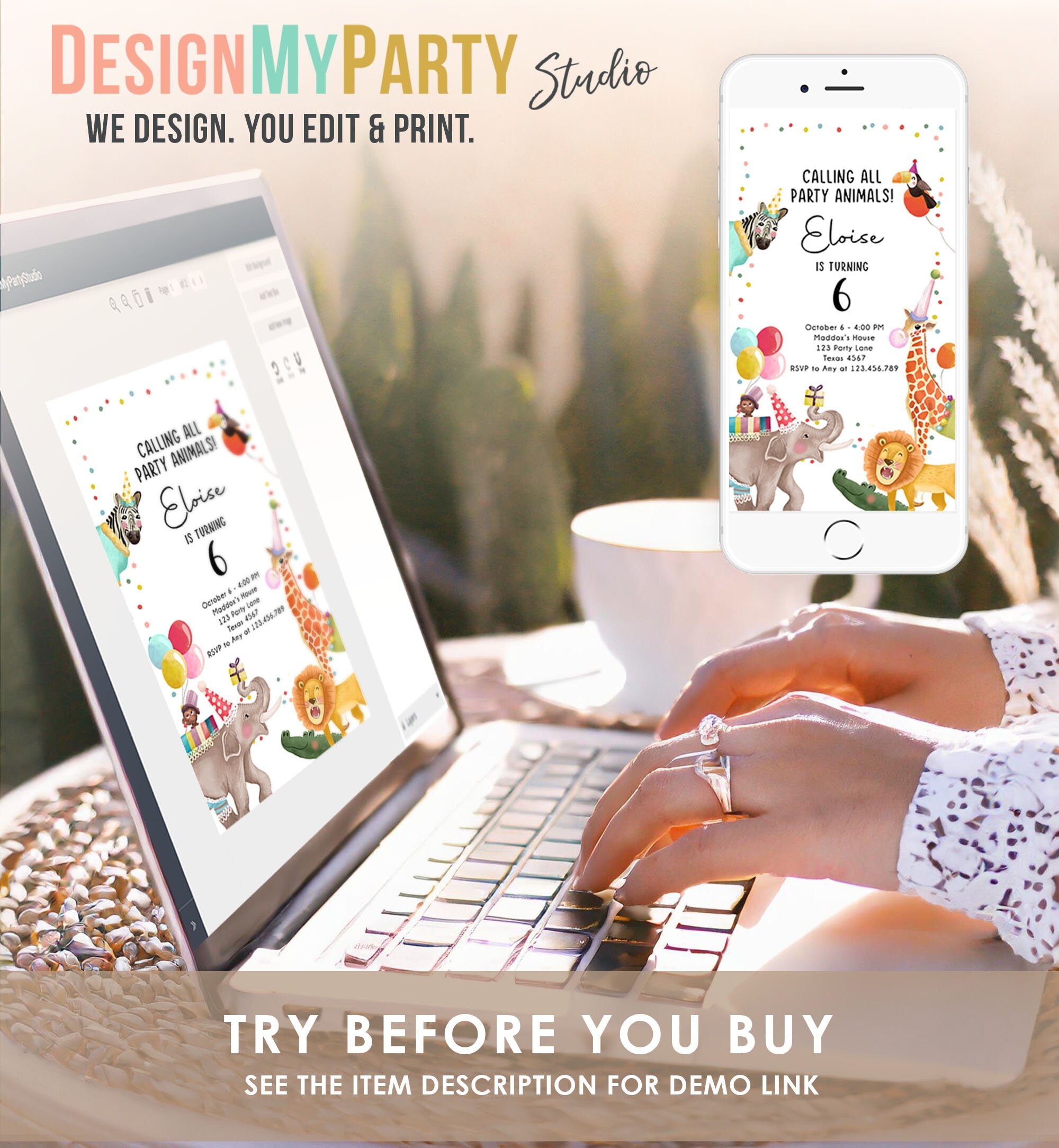 Editable Party Animals Birthday Evite Wild One Animals Invitation Zoo Safari Animals Girl Download Digital Invite iPhone Template Corjl 0482