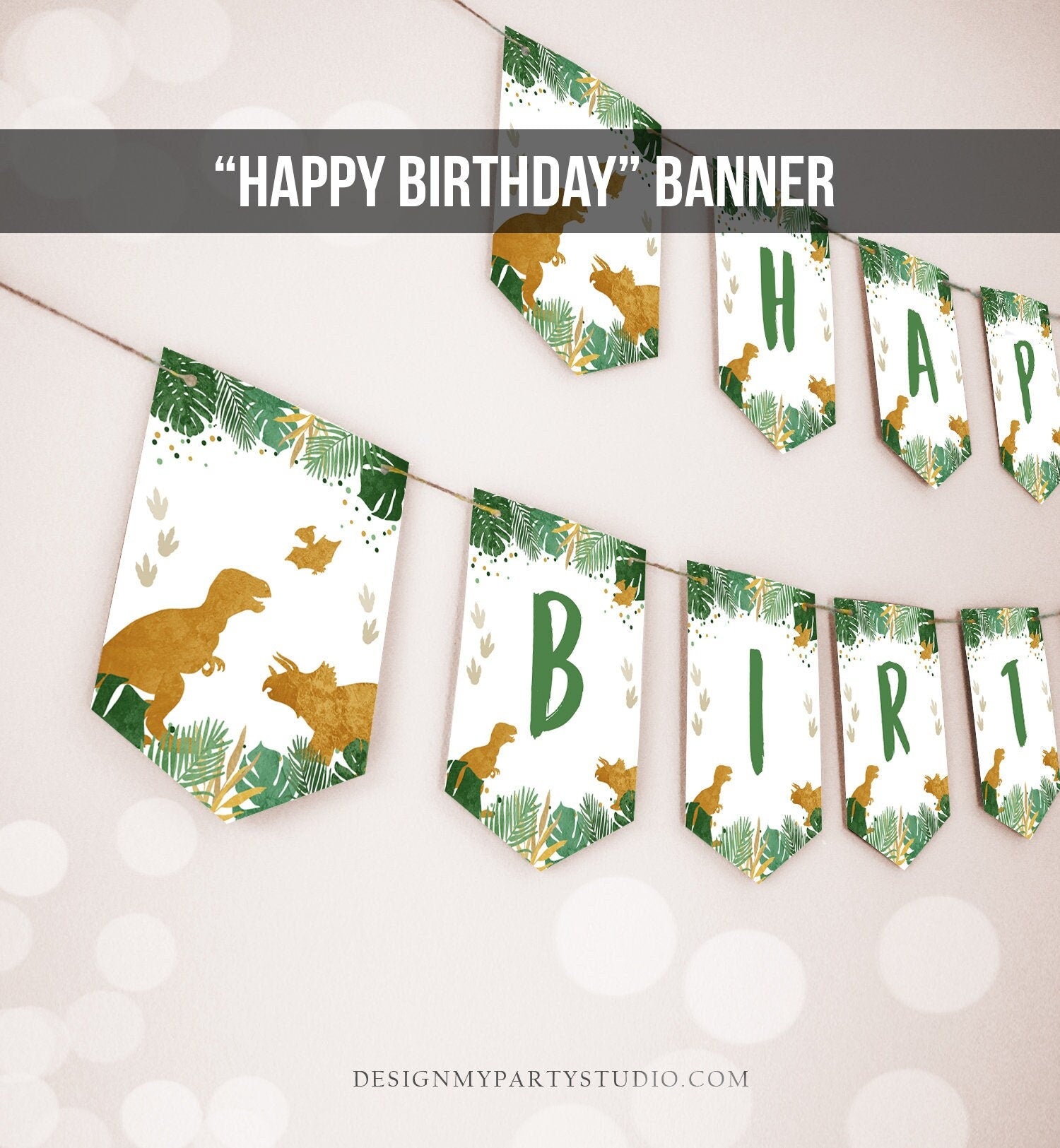 Happy Birthday Banner Dinosaur Birthday Banner Boy Green Gold Dino Prehistoric Dino Decor Instant Download PRINTABLE DIGITAL DIY 0146